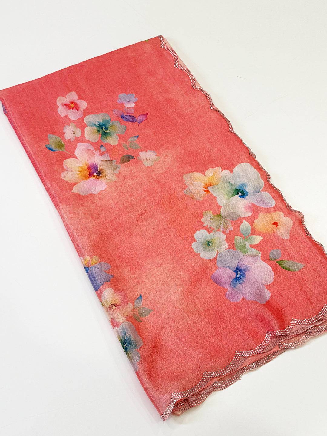 Coral Chinnon Swarovski Floral Saree