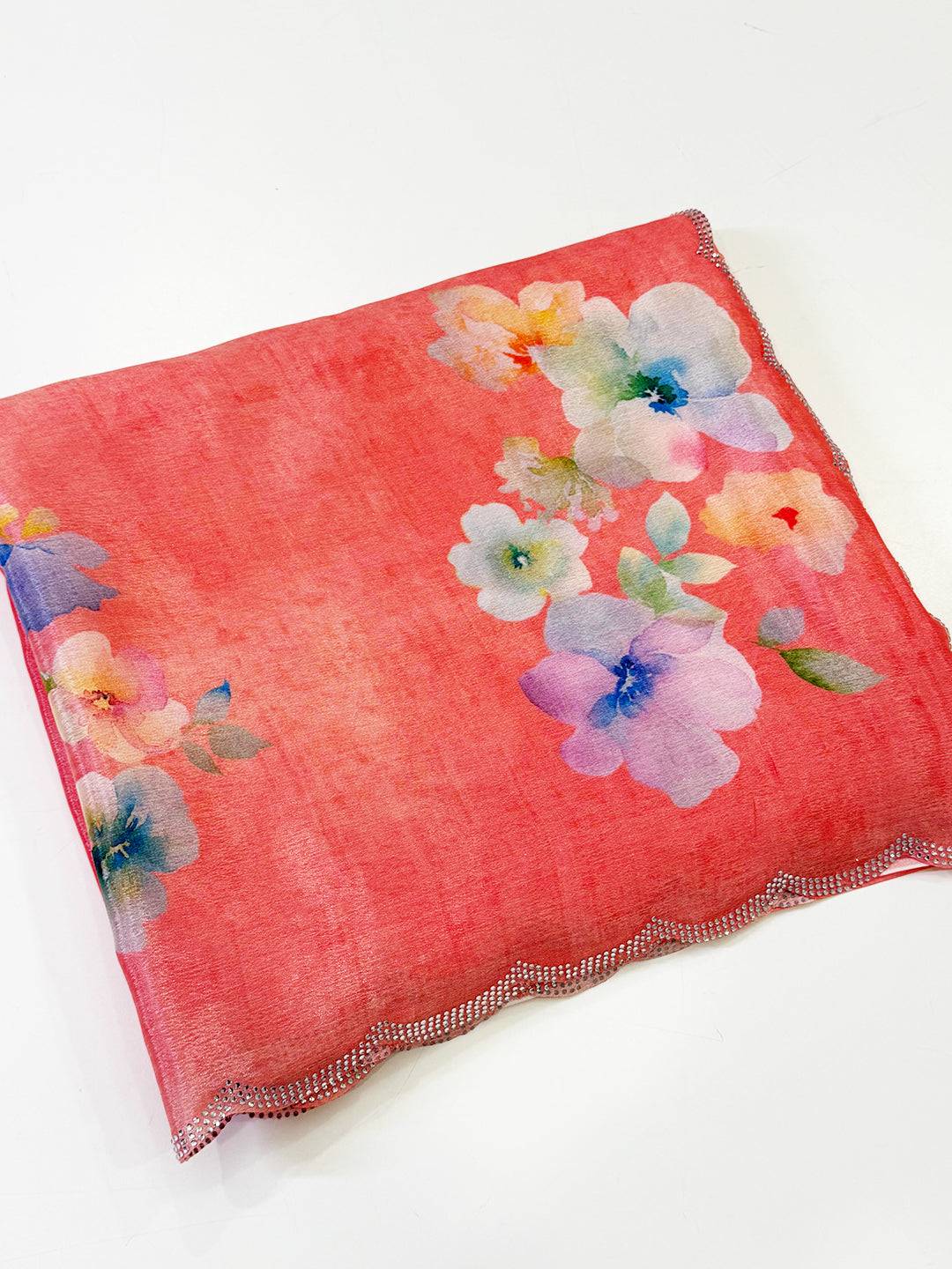 Coral Chinnon Swarovski Floral Saree