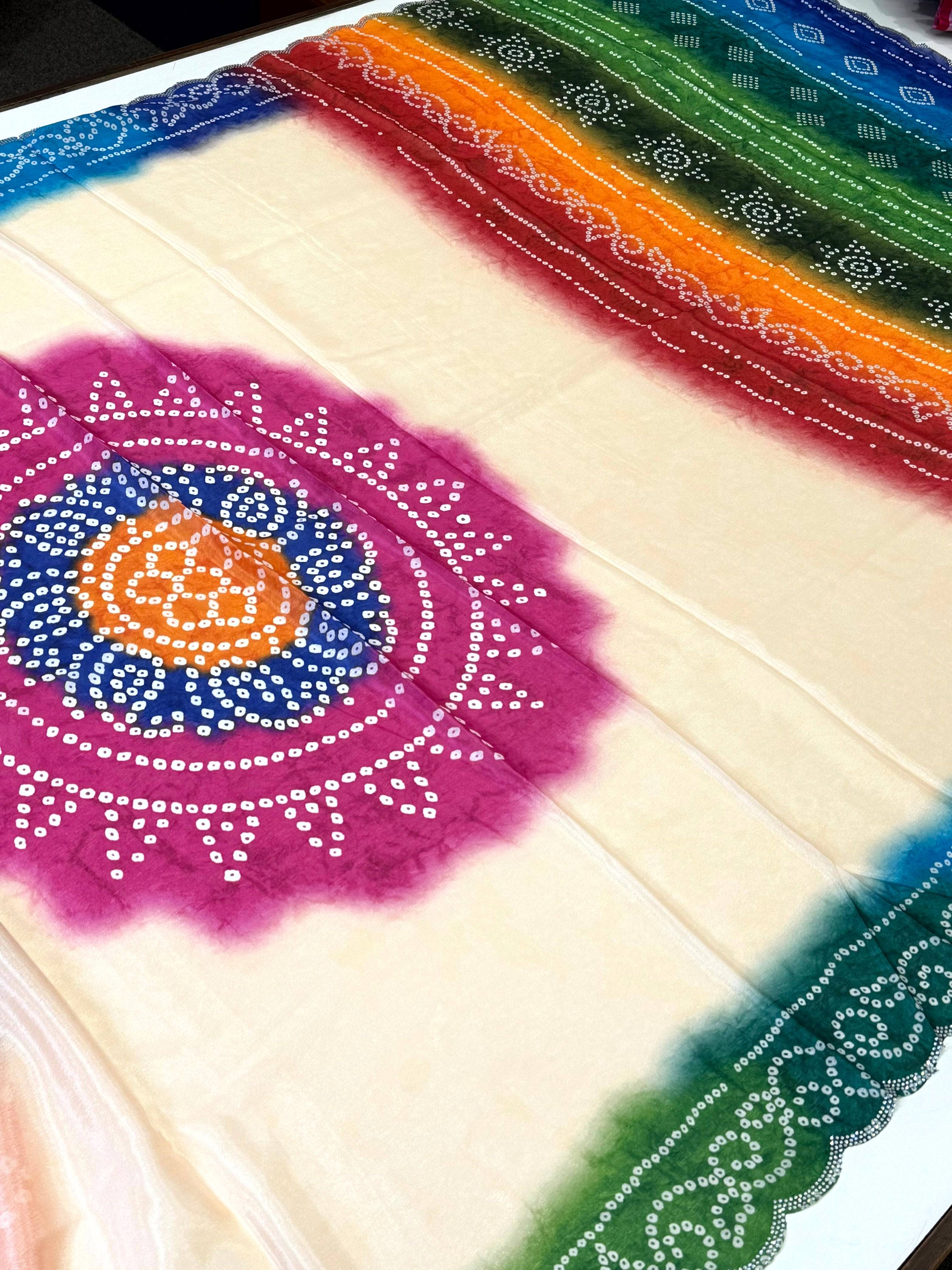 Stylish Chiffon Bandhej Swarovski Saree