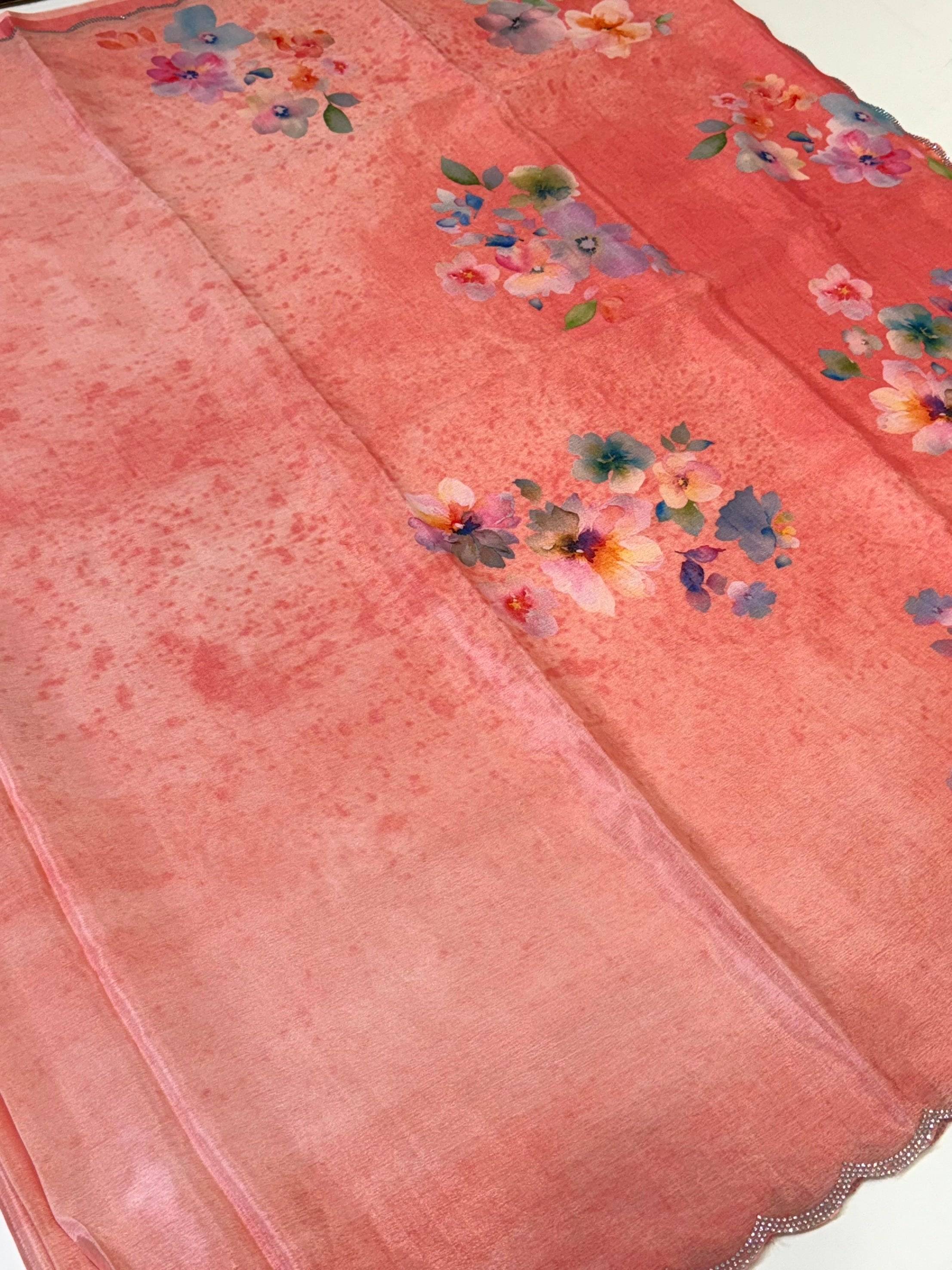 Coral Chinnon Swarovski Floral Saree