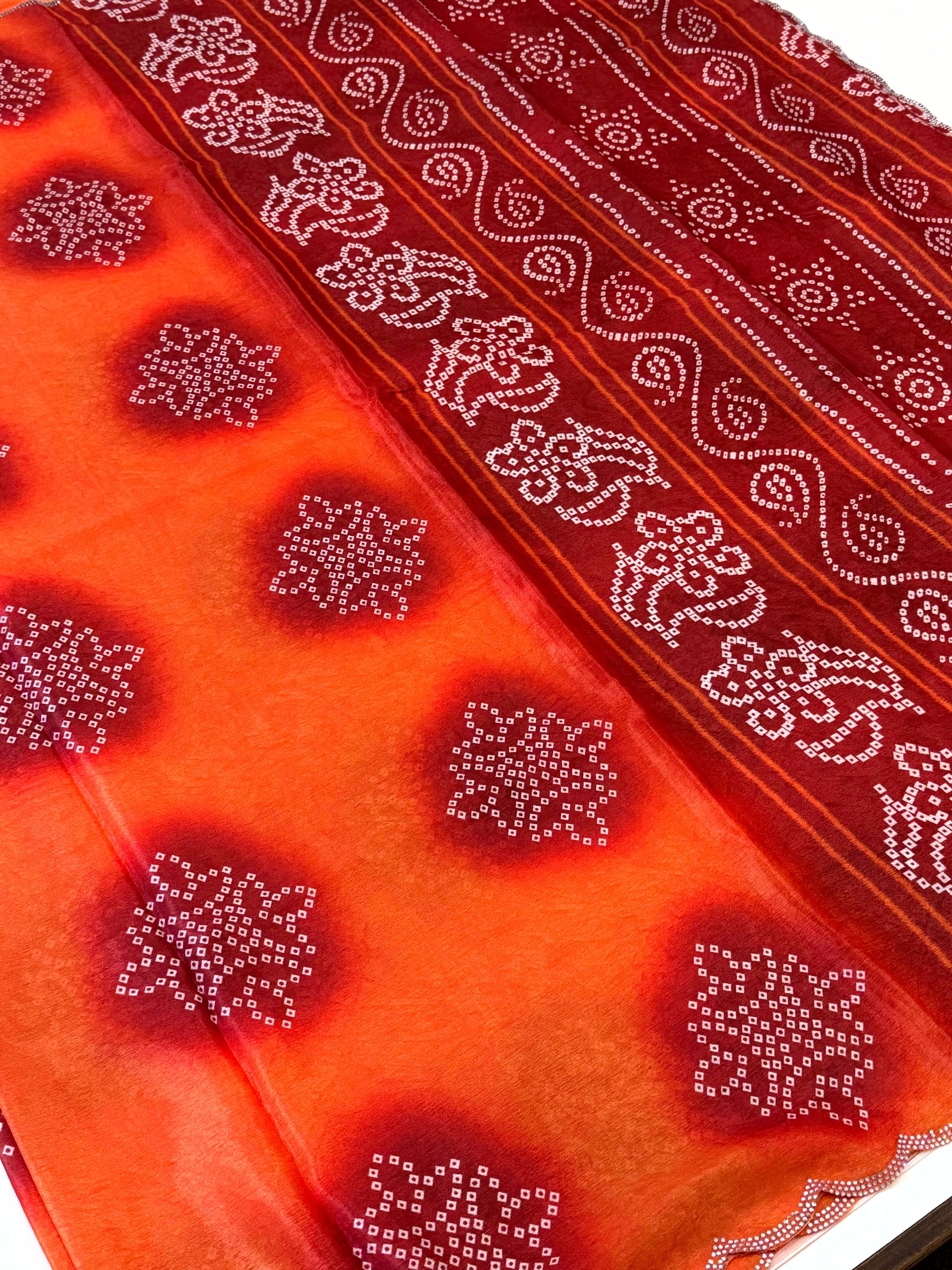 Vibrant Chiffon Bandhej Swarovski Saree