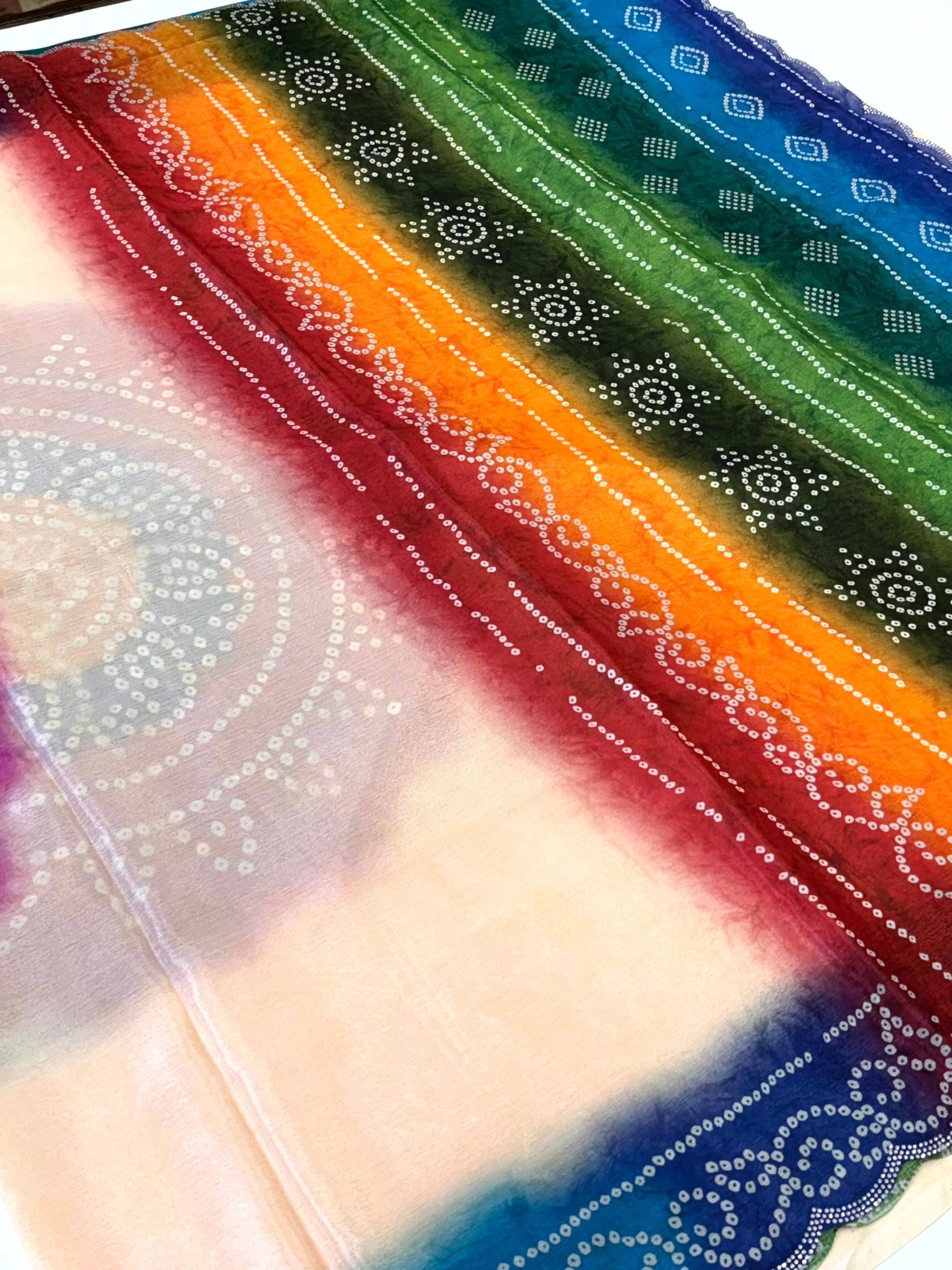 Stylish Chiffon Bandhej Swarovski Saree