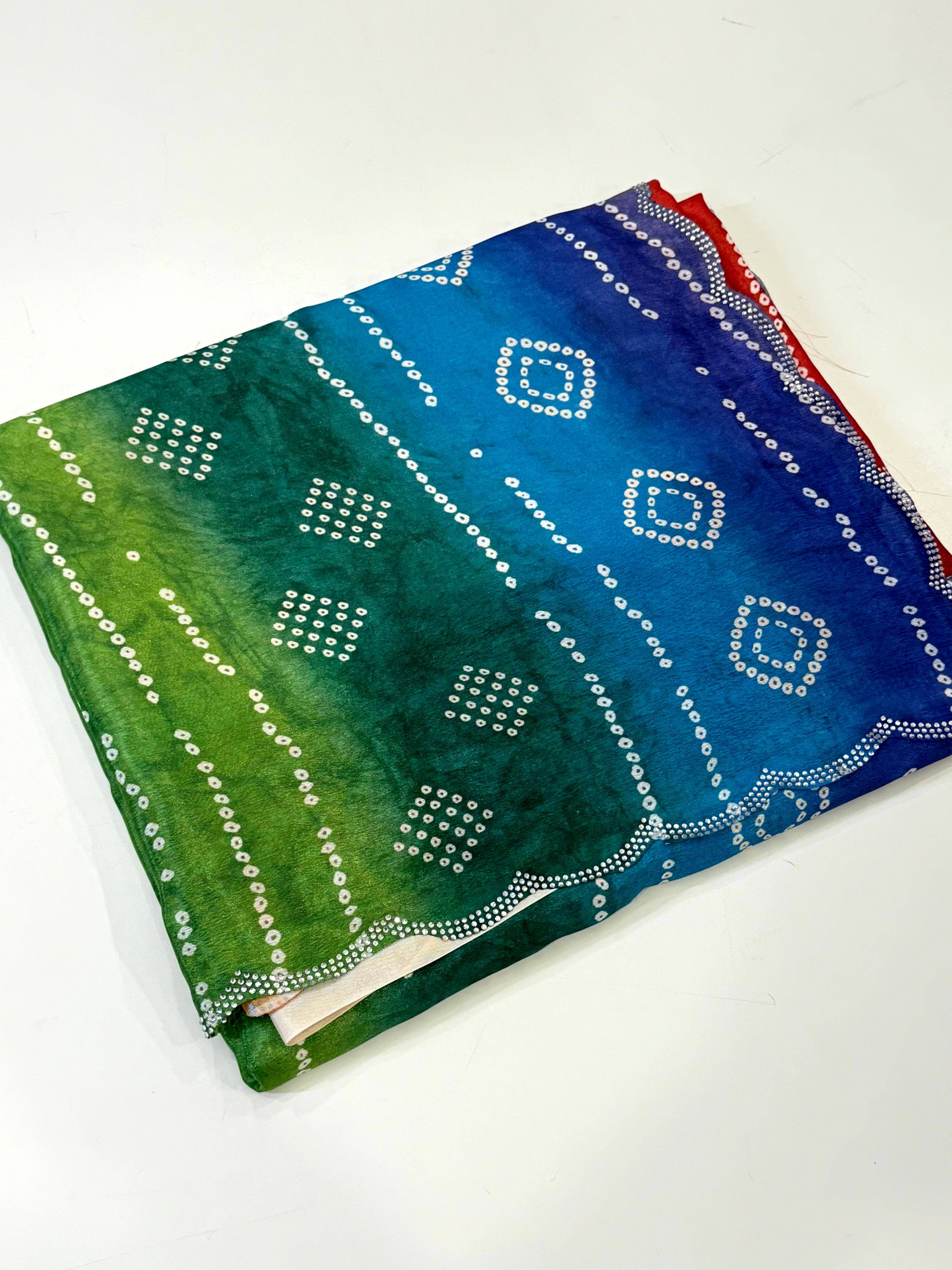 Stylish Chiffon Bandhej Swarovski Saree