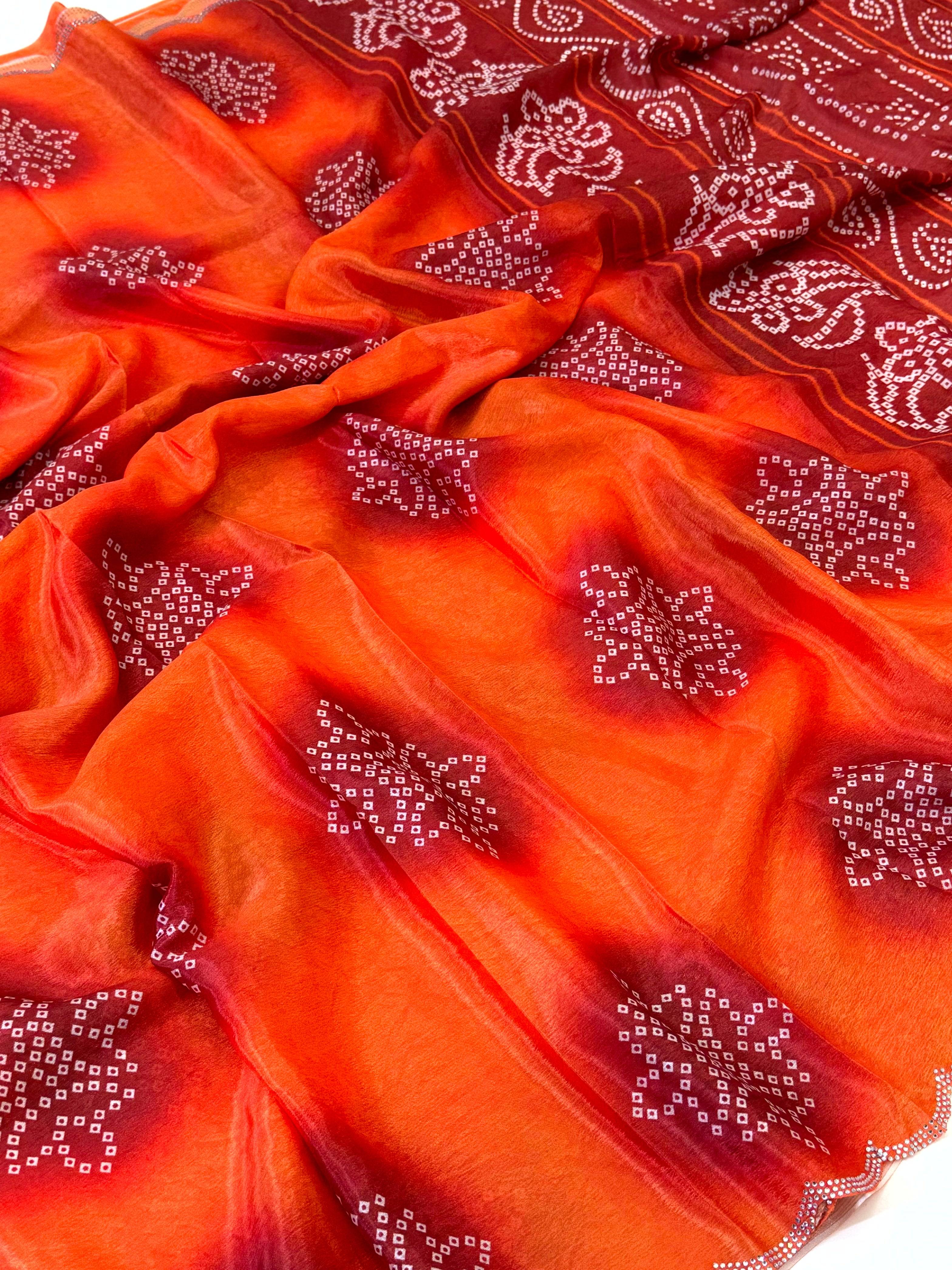 Vibrant Chiffon Bandhej Swarovski Saree