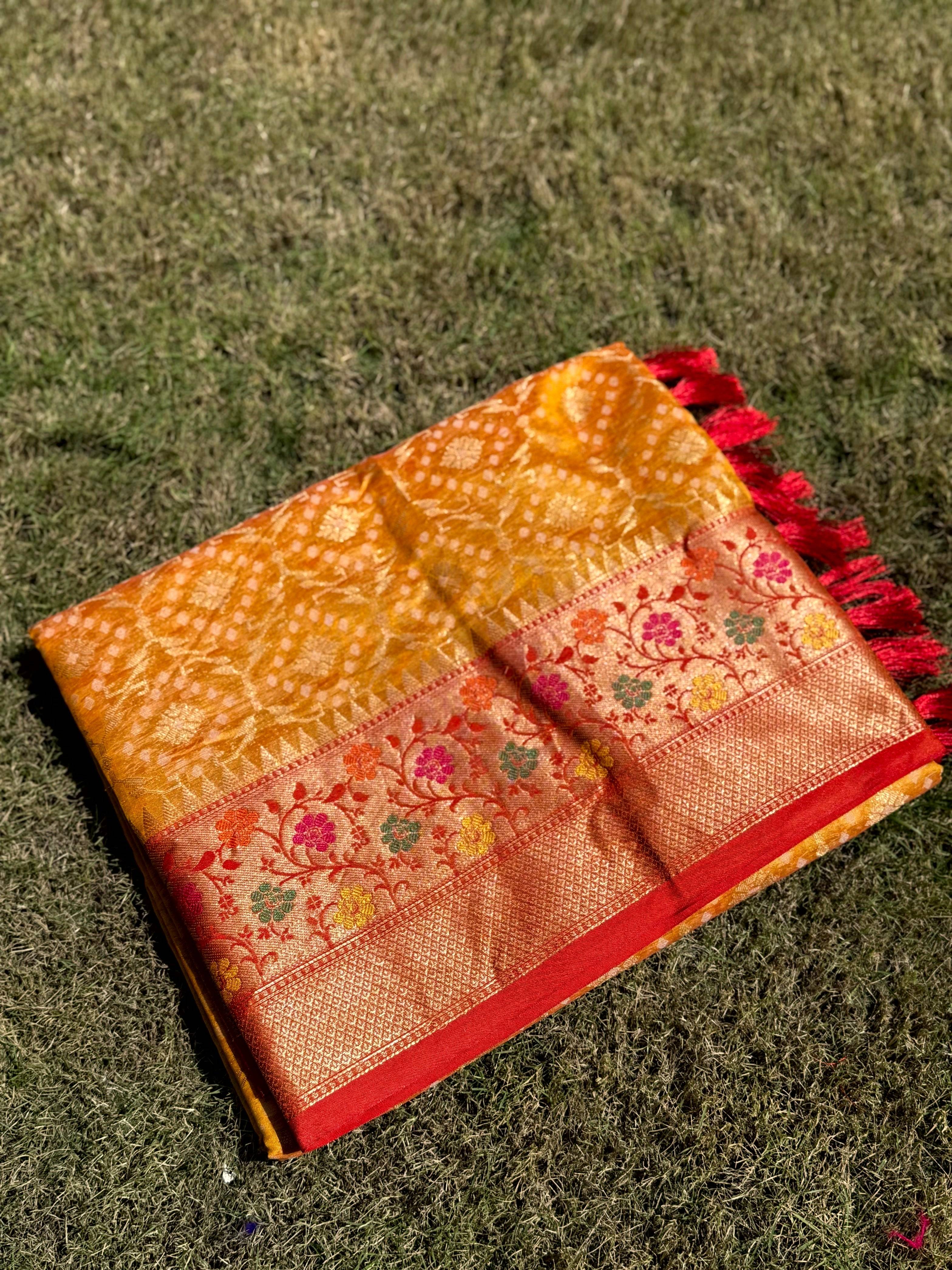 Yellow Banarasi Minakari Katan Silk Saree