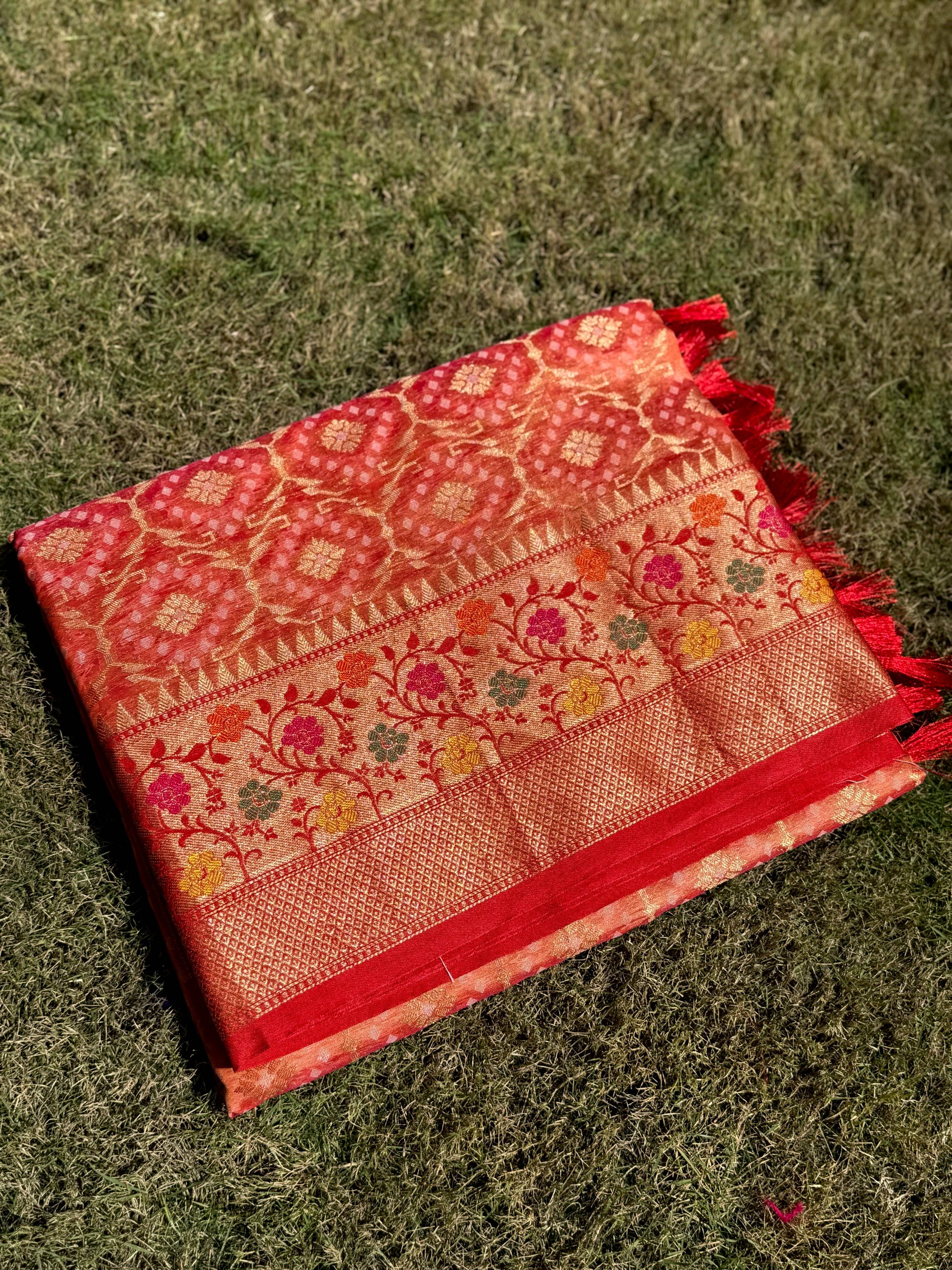 Peach Banarasi Minakari Katan Silk Saree