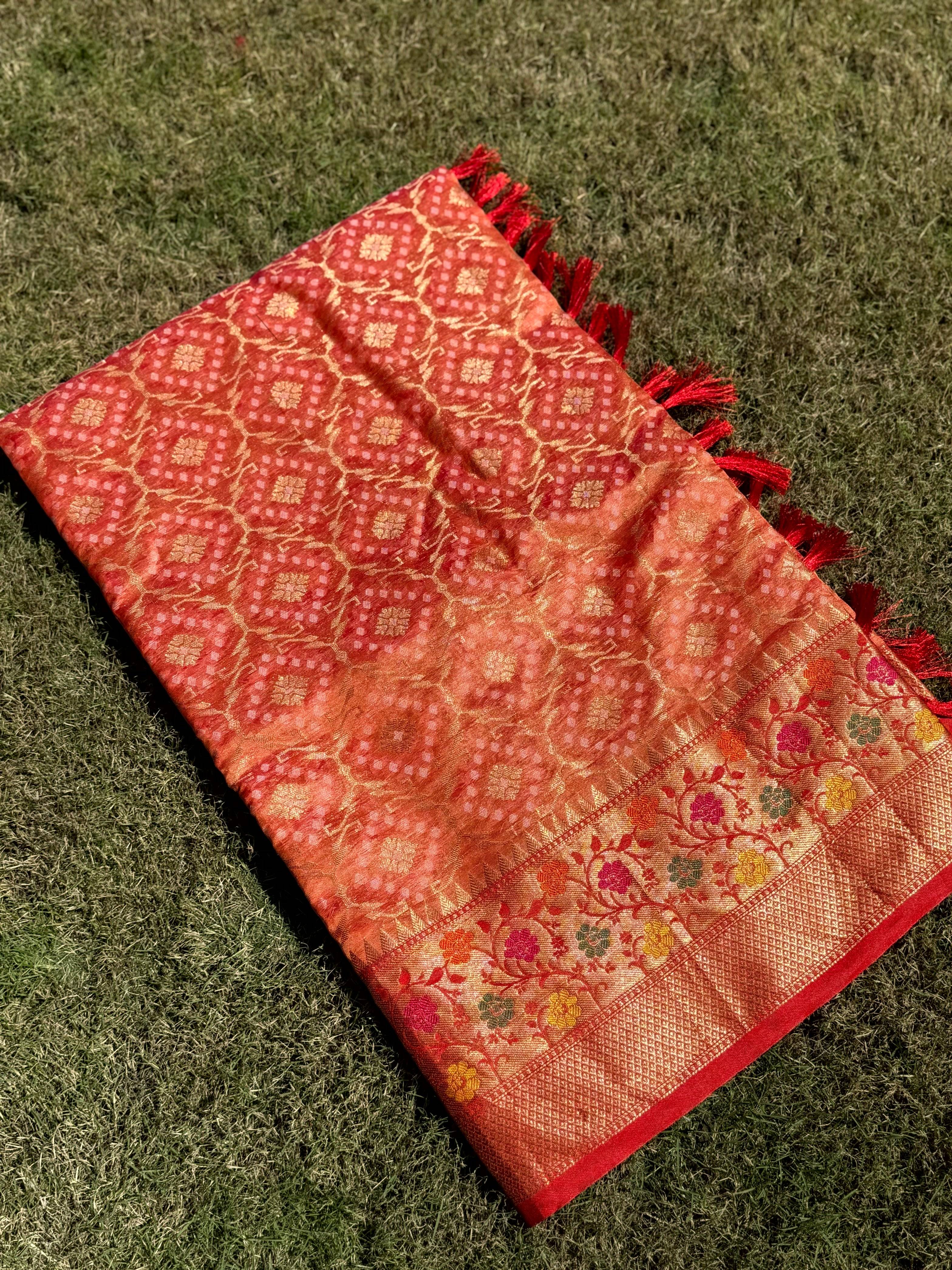 Peach Banarasi Minakari Katan Silk Saree