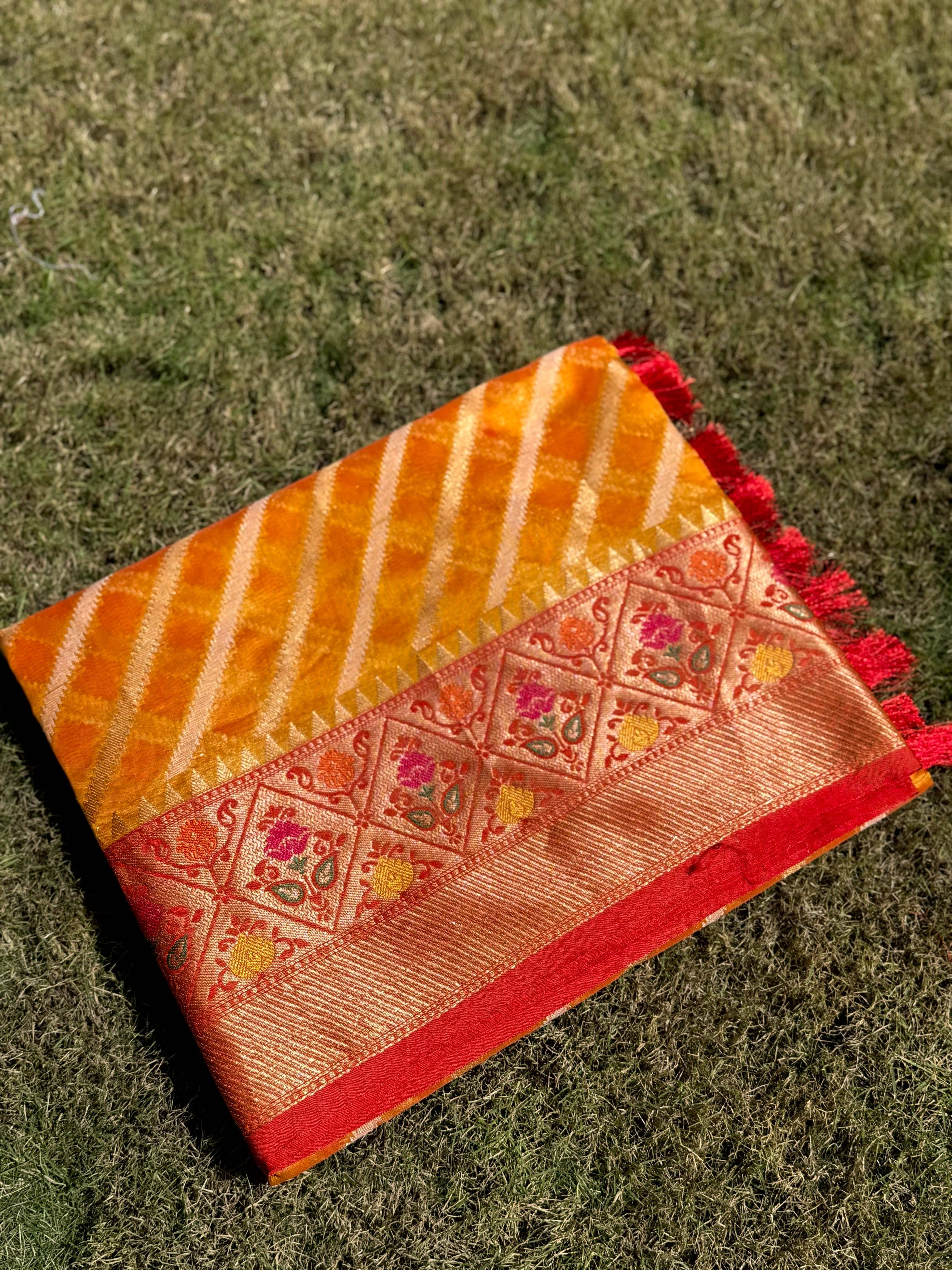 Yellow Banarasi Lehriya Katan Silk Saree