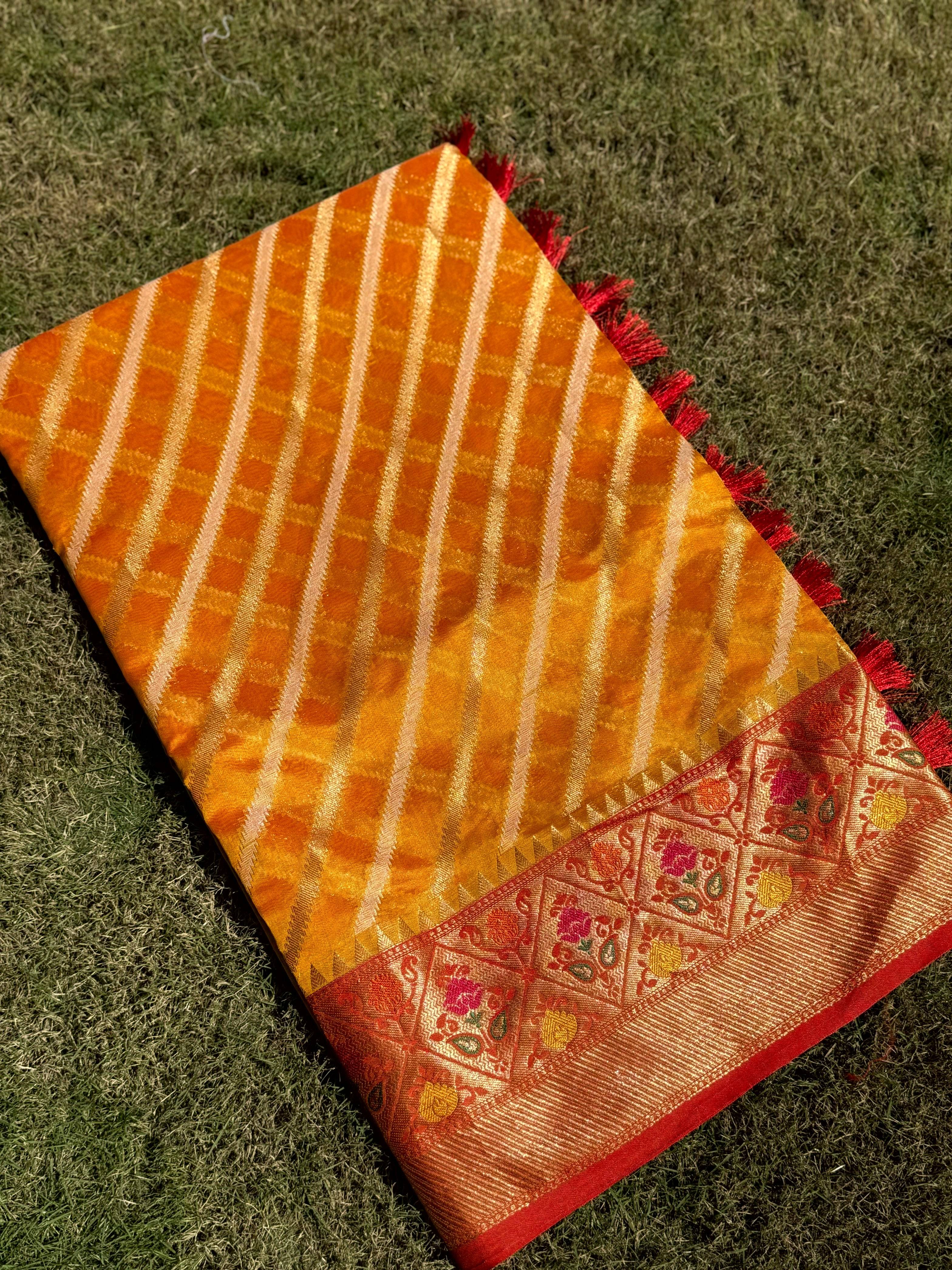 Yellow Banarasi Lehriya Katan Silk Saree