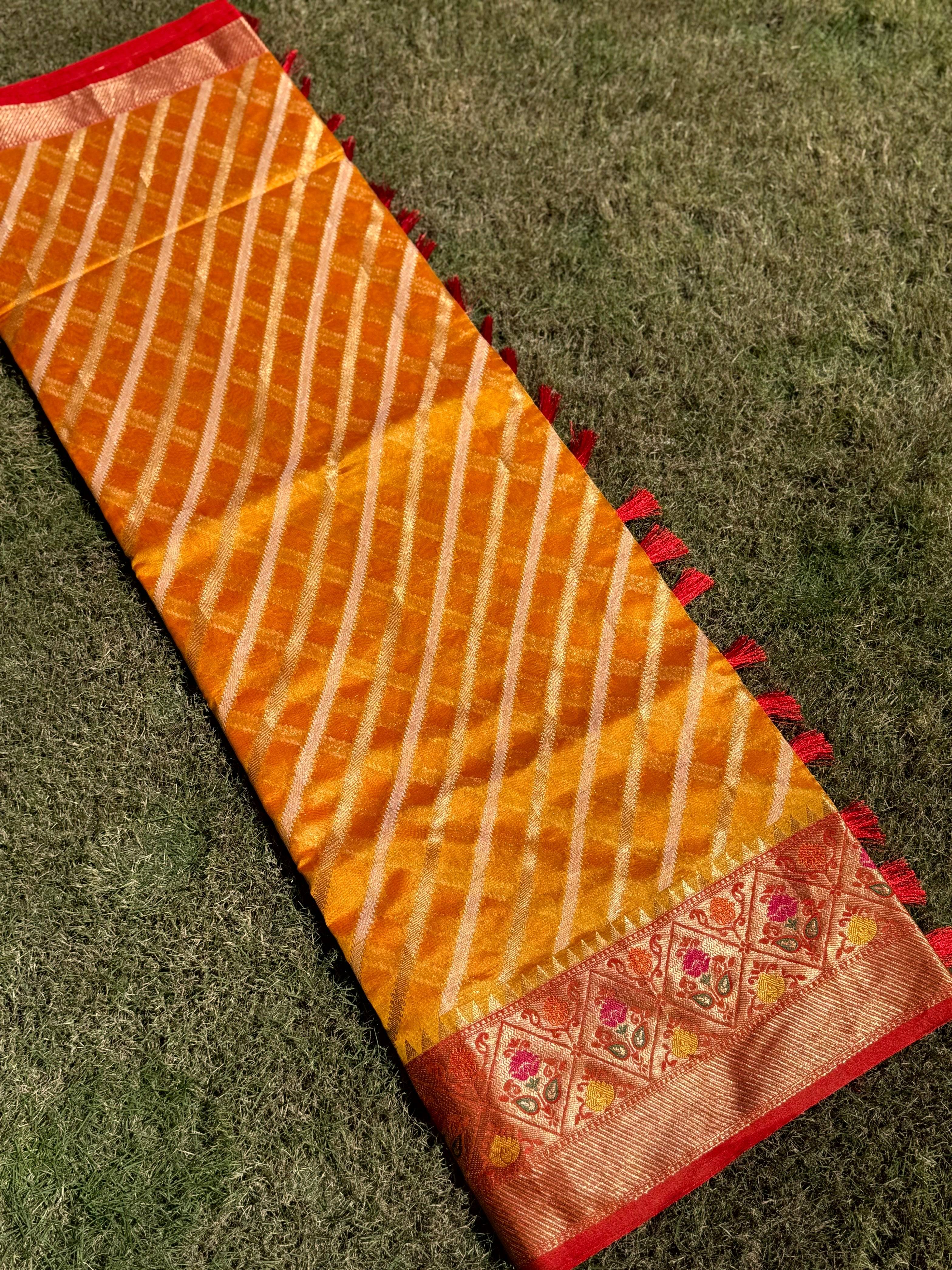 Yellow Banarasi Lehriya Katan Silk Saree