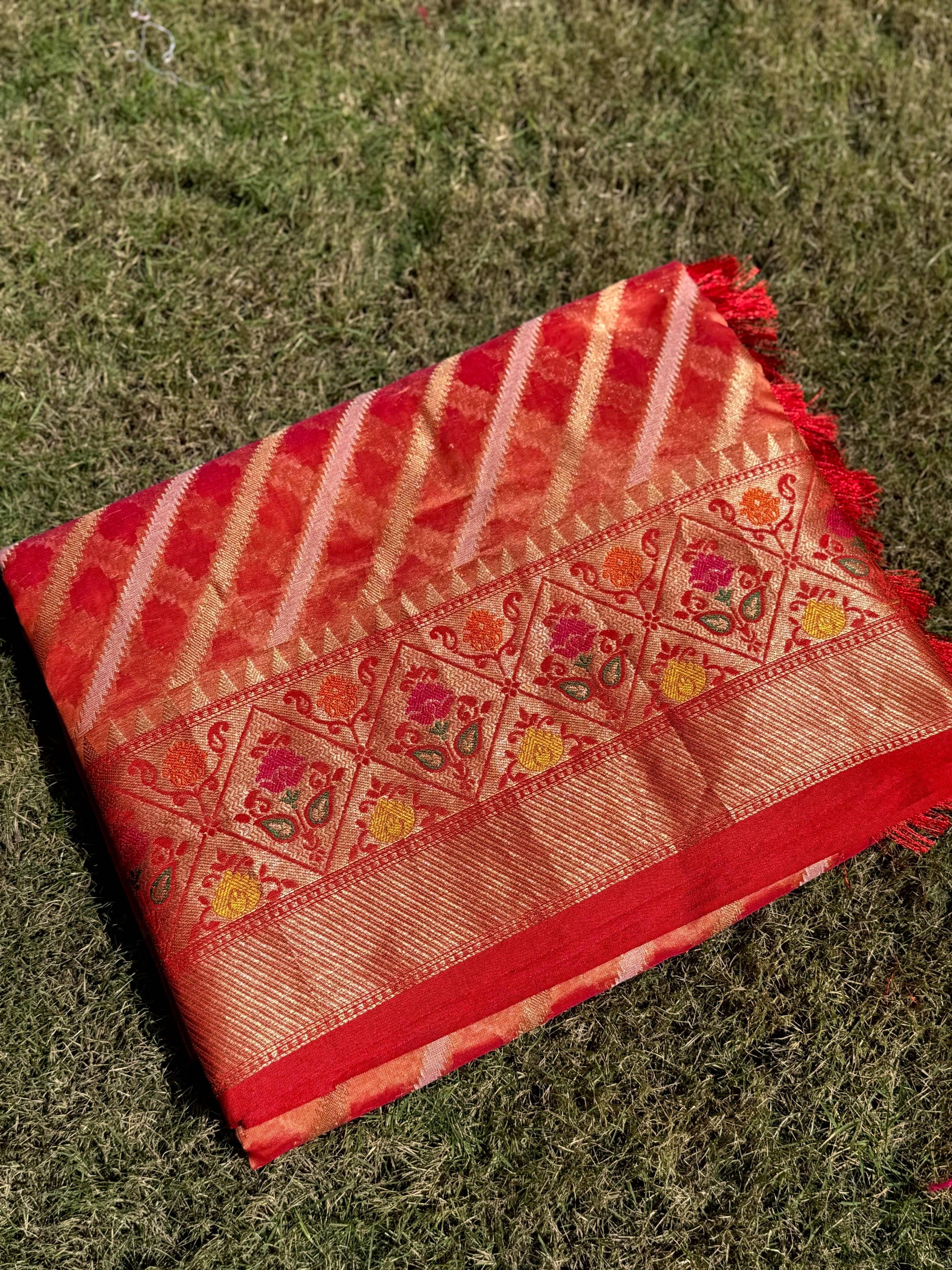 Peach Banarasi Lehriya Katan Silk Saree