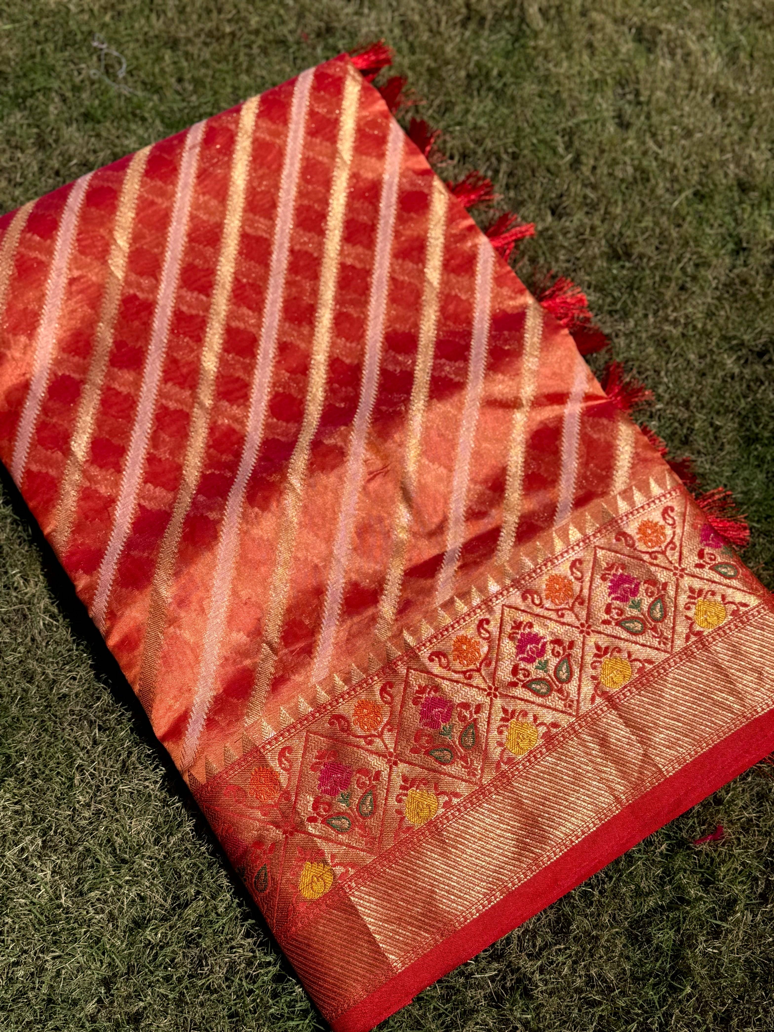 Peach Banarasi Lehriya Katan Silk Saree