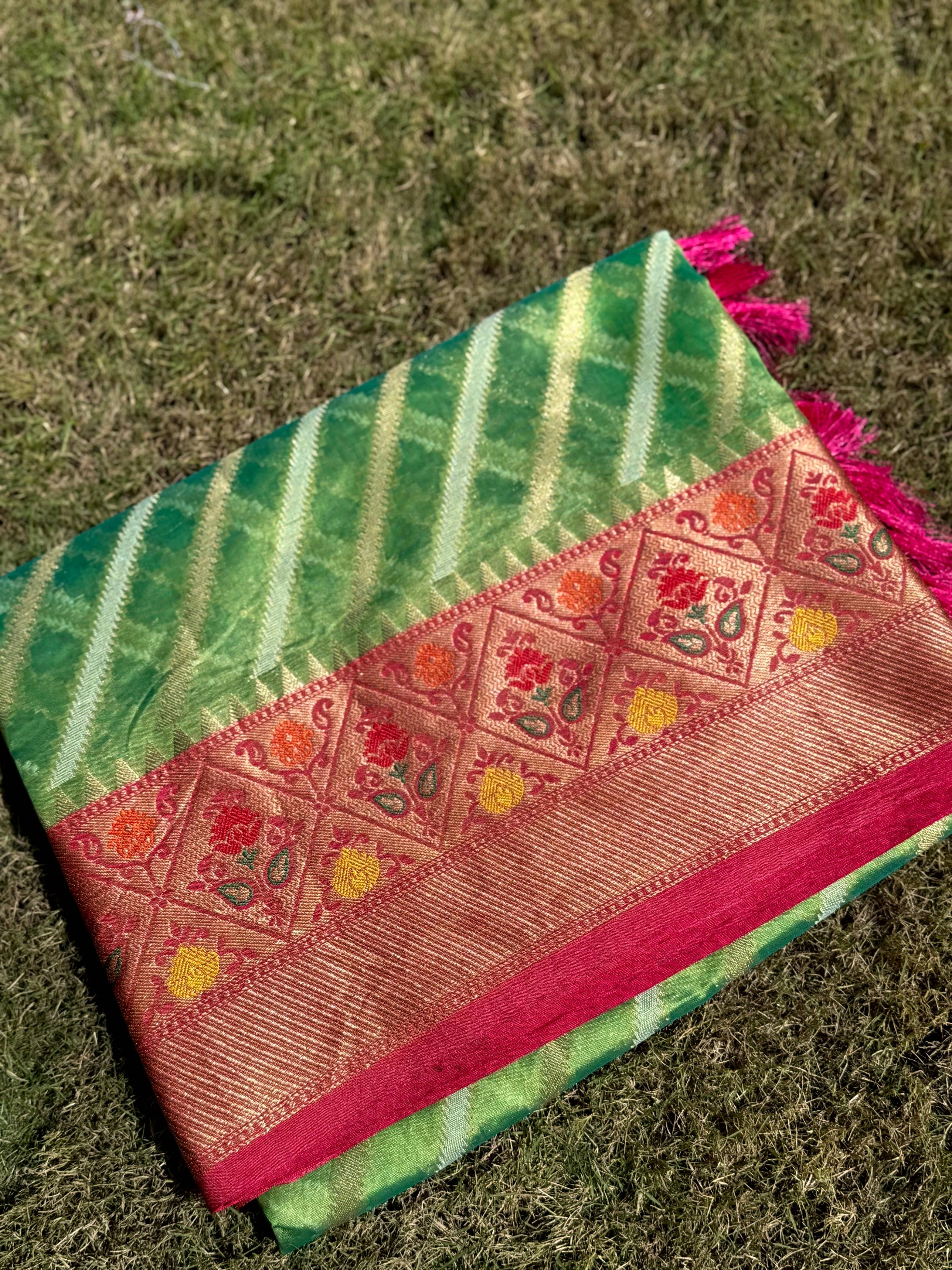 Green Banarasi Lehriya Katan Silk Saree