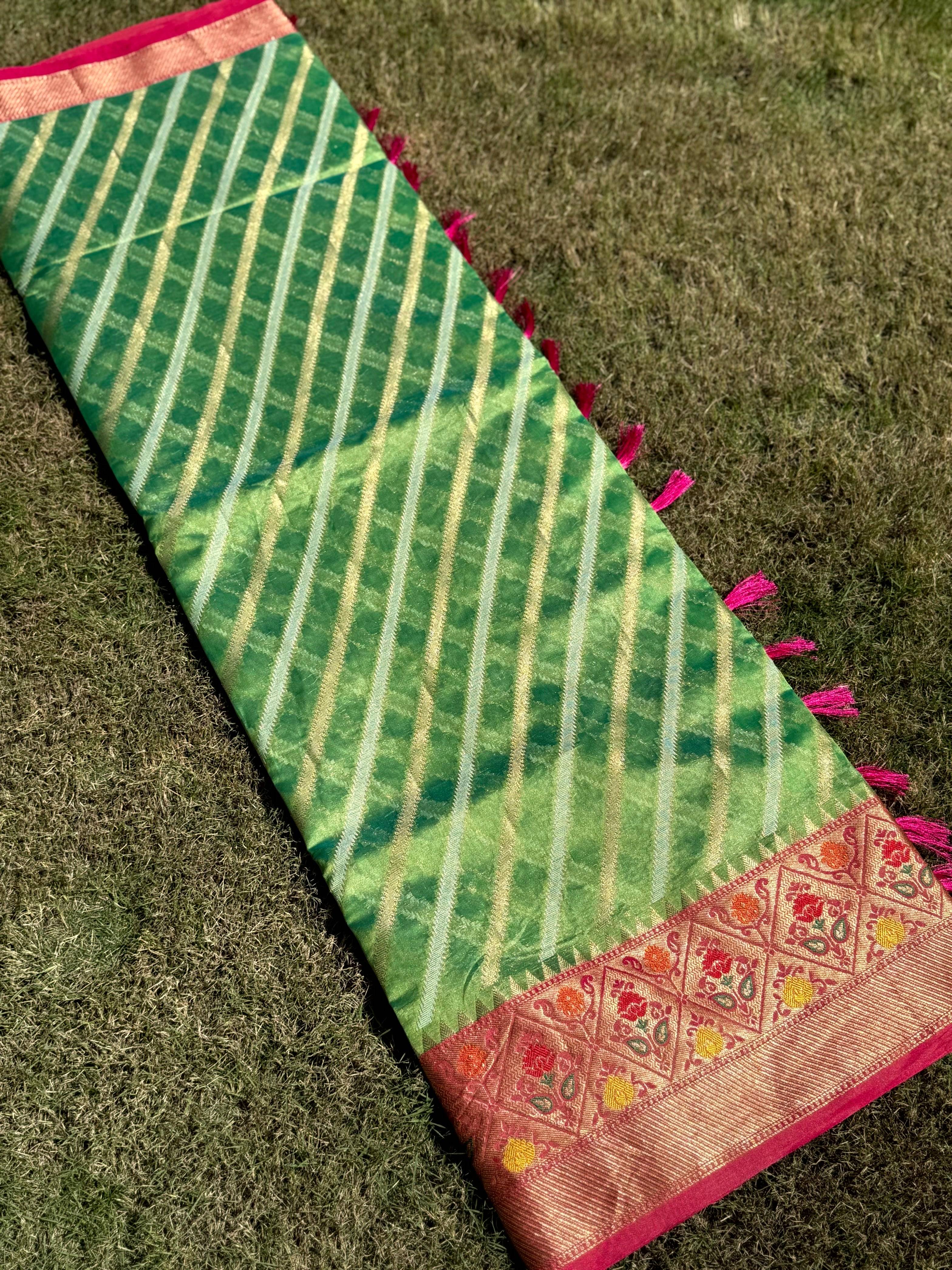Green Banarasi Lehriya Katan Silk Saree