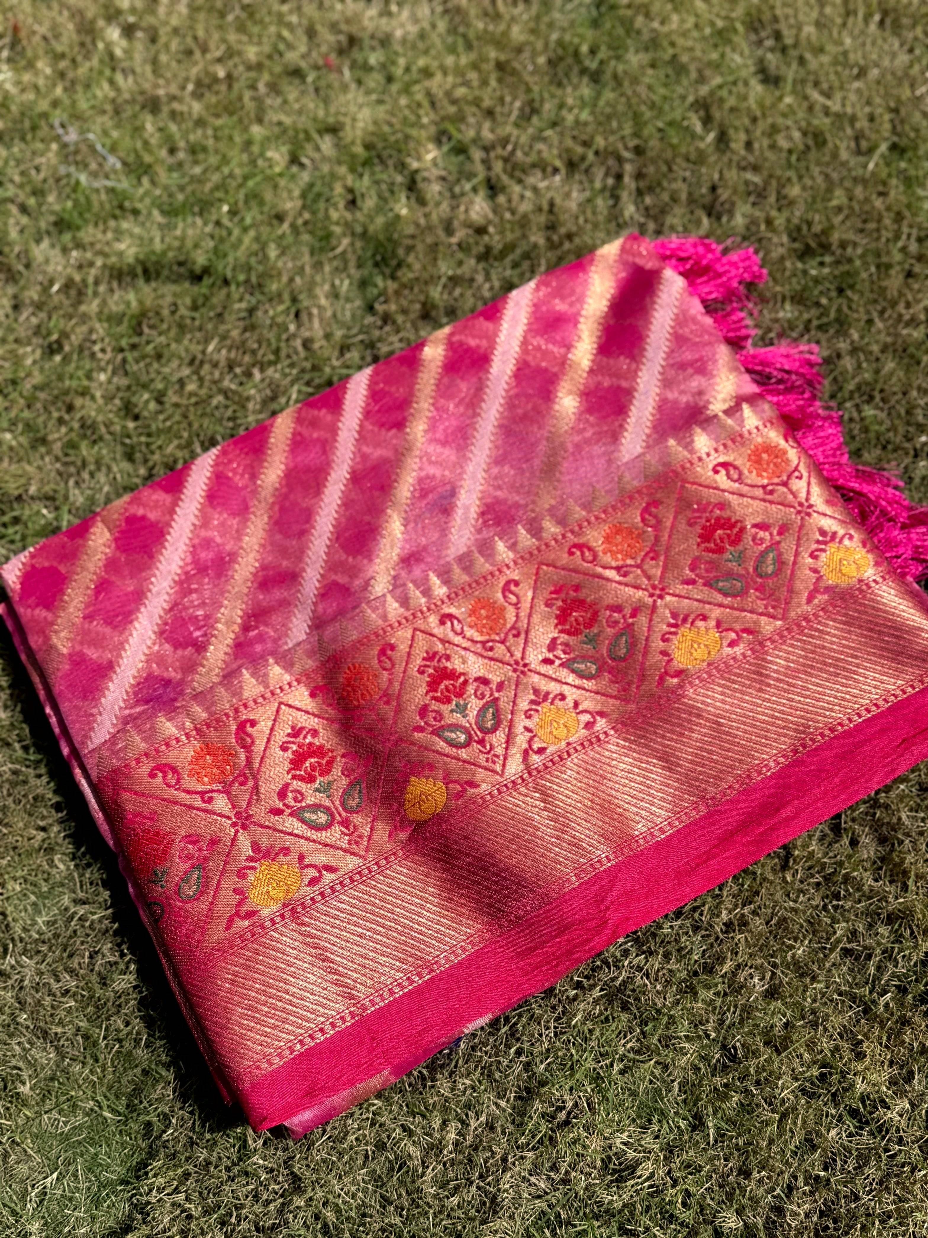 Baby Pink Banarasi Lehriya Katan Silk Saree