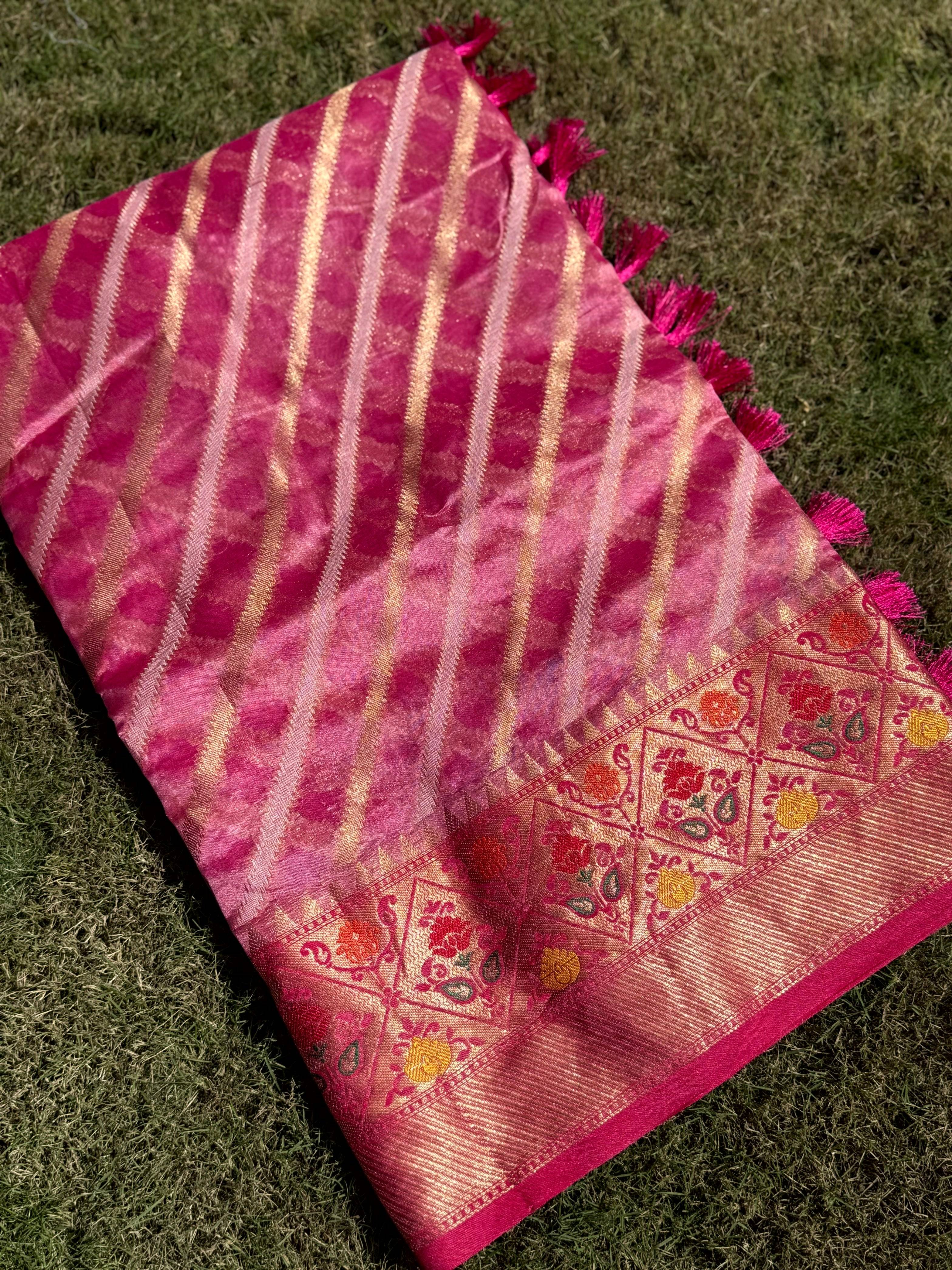 Baby Pink Banarasi Lehriya Katan Silk Saree