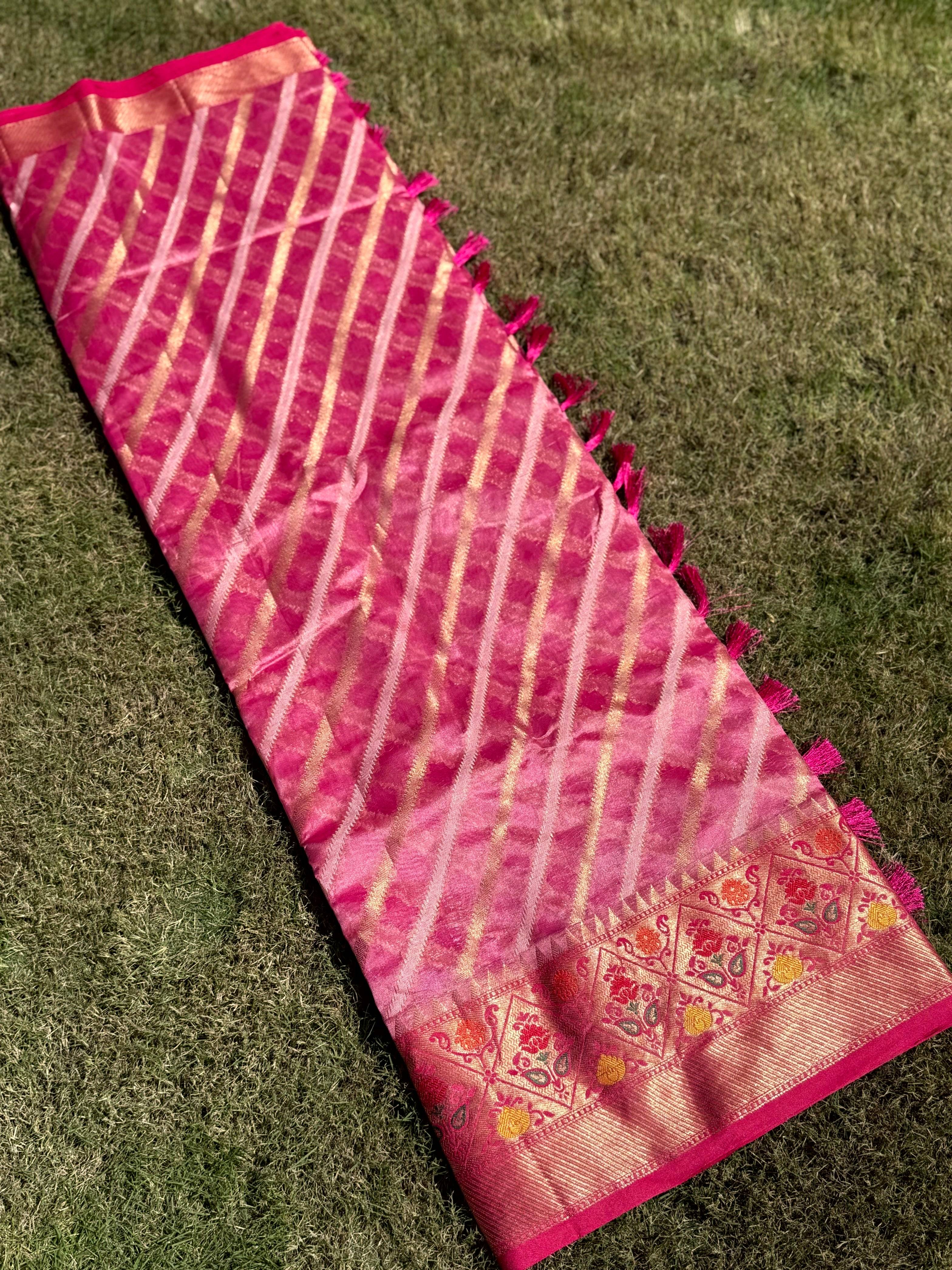 Baby Pink Banarasi Lehriya Katan Silk Saree