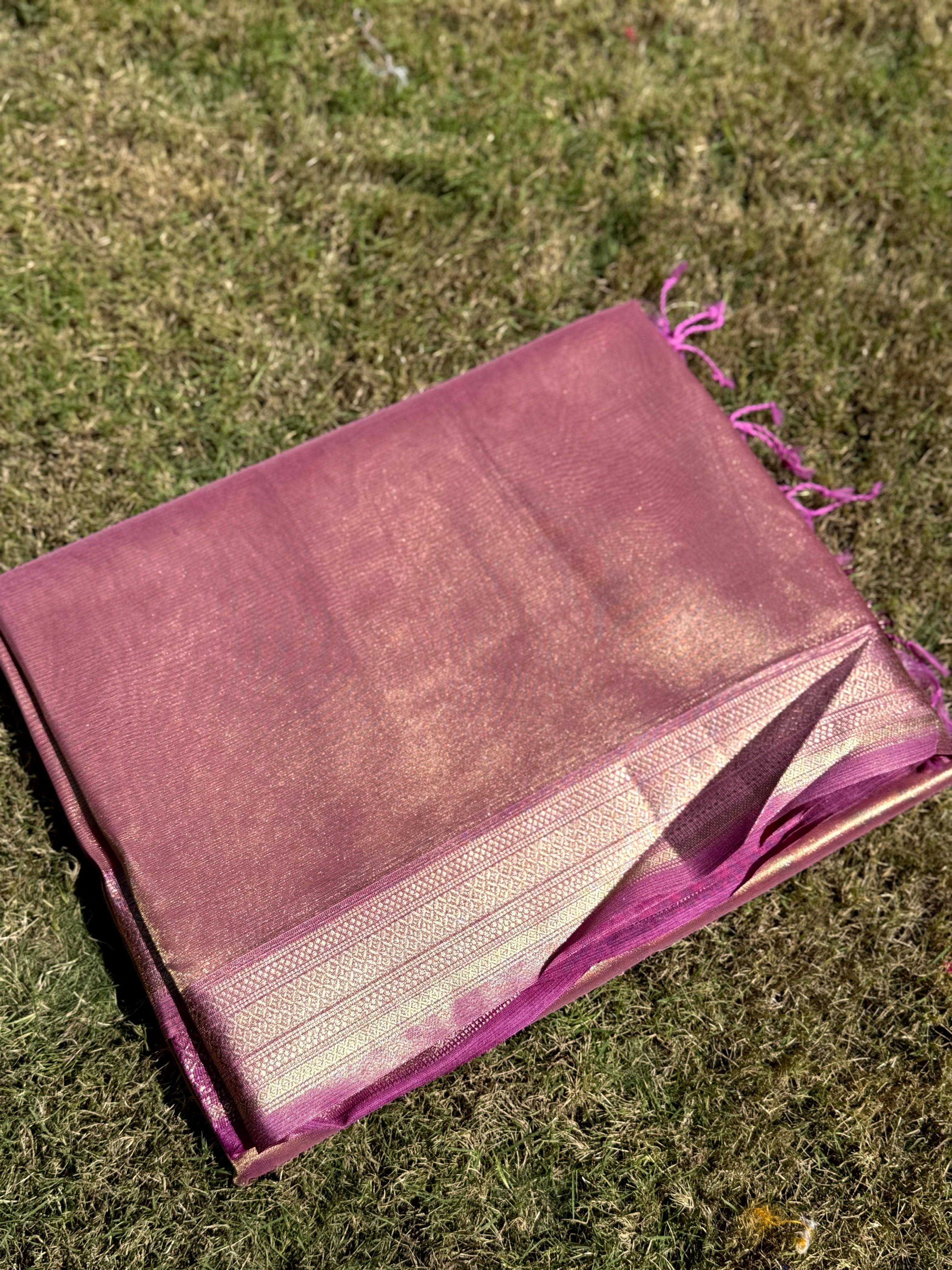 Radiant Wine Gold Zari Tissue Saree