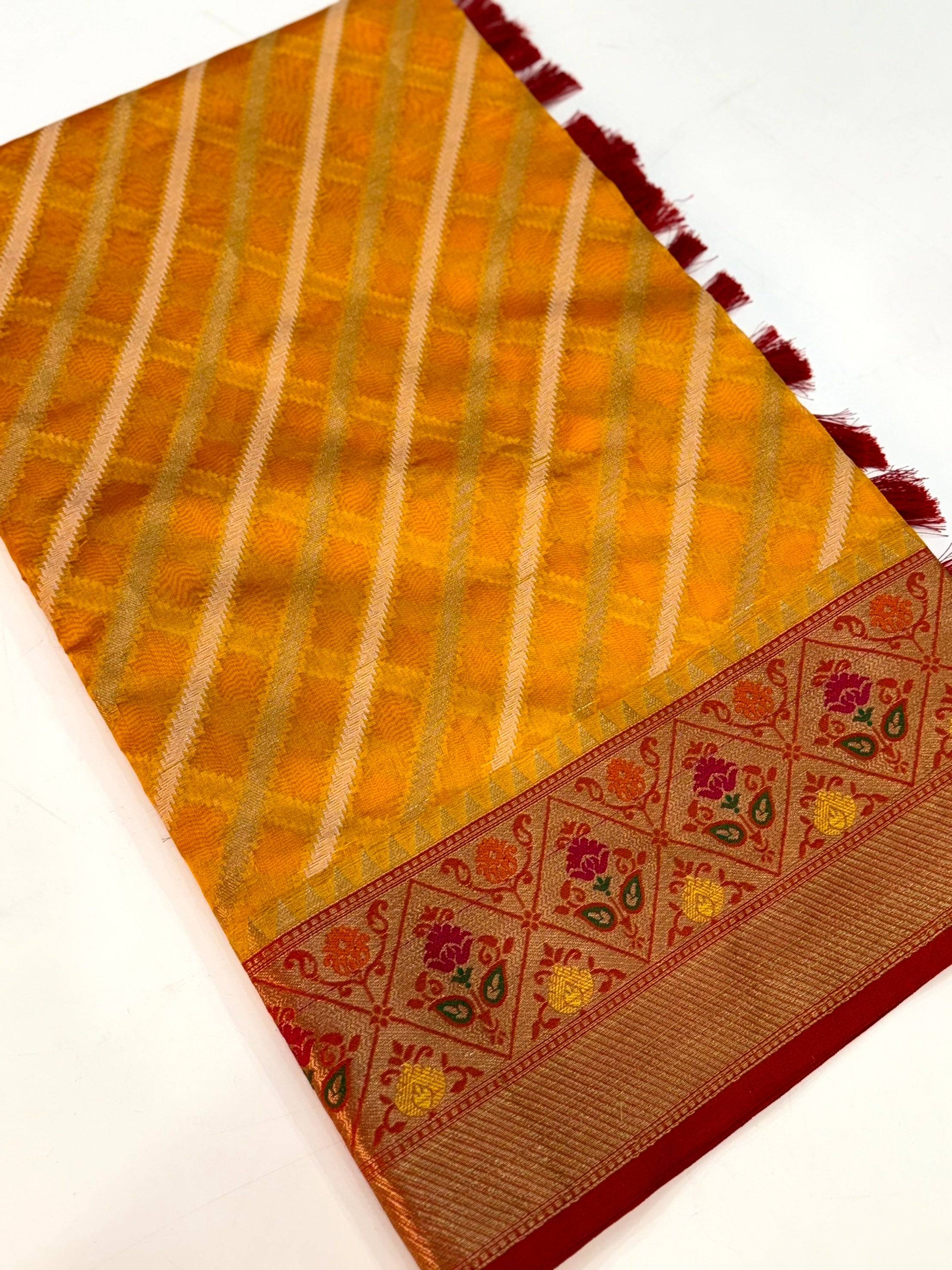 Yellow Banarasi Lehriya Katan Silk Saree