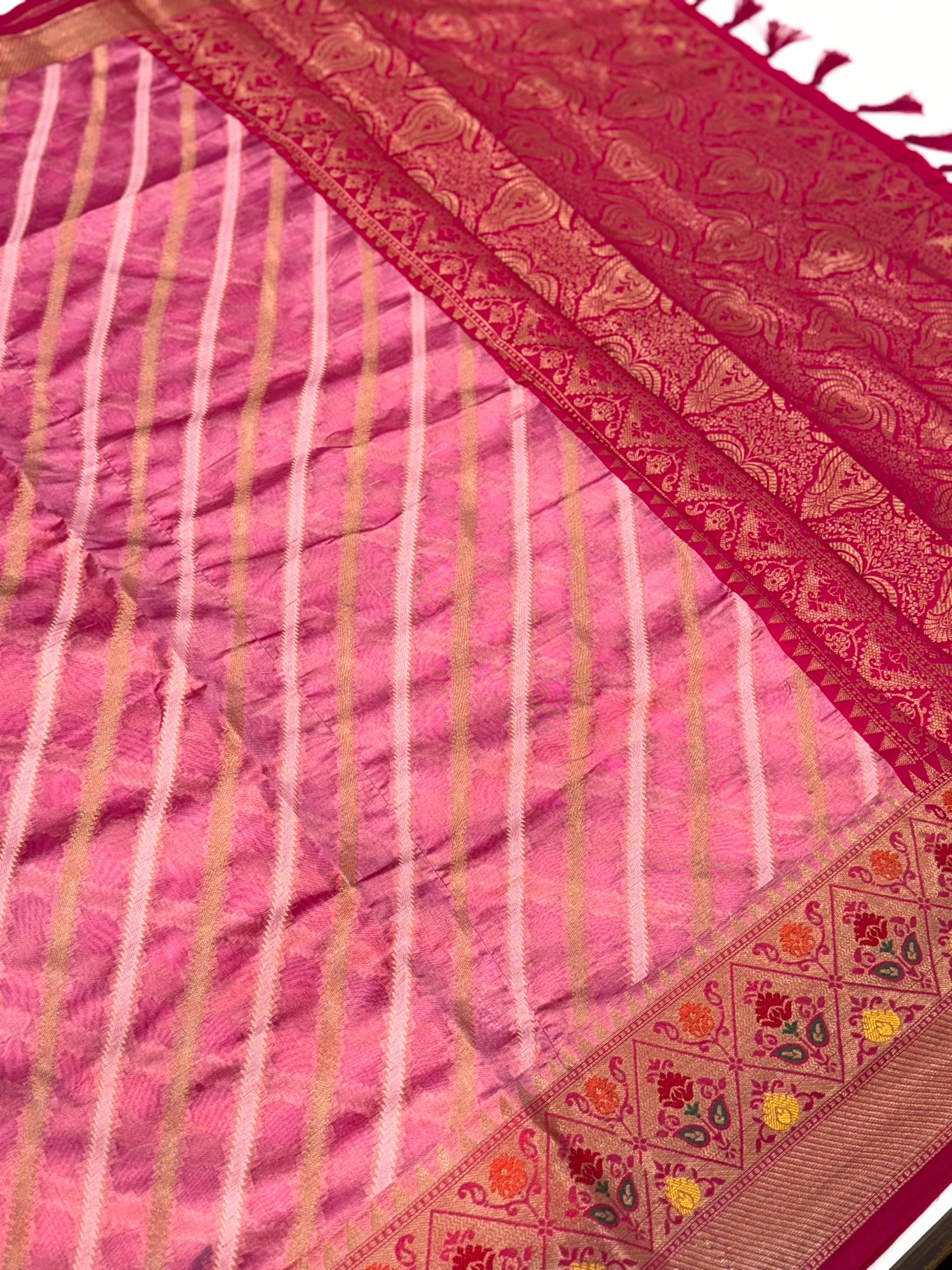Baby Pink Banarasi Lehriya Katan Silk Saree