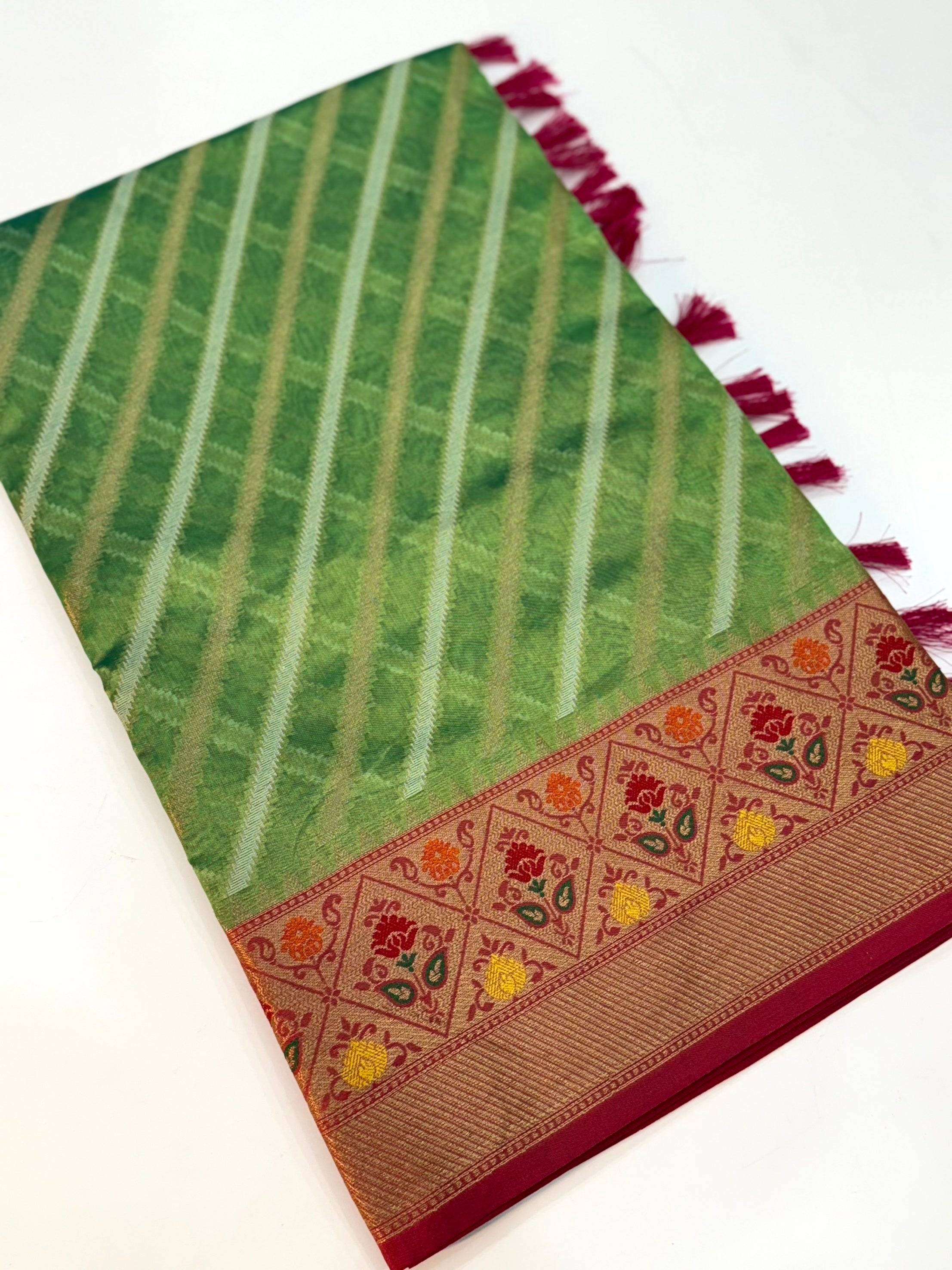 Green Banarasi Lehriya Katan Silk Saree