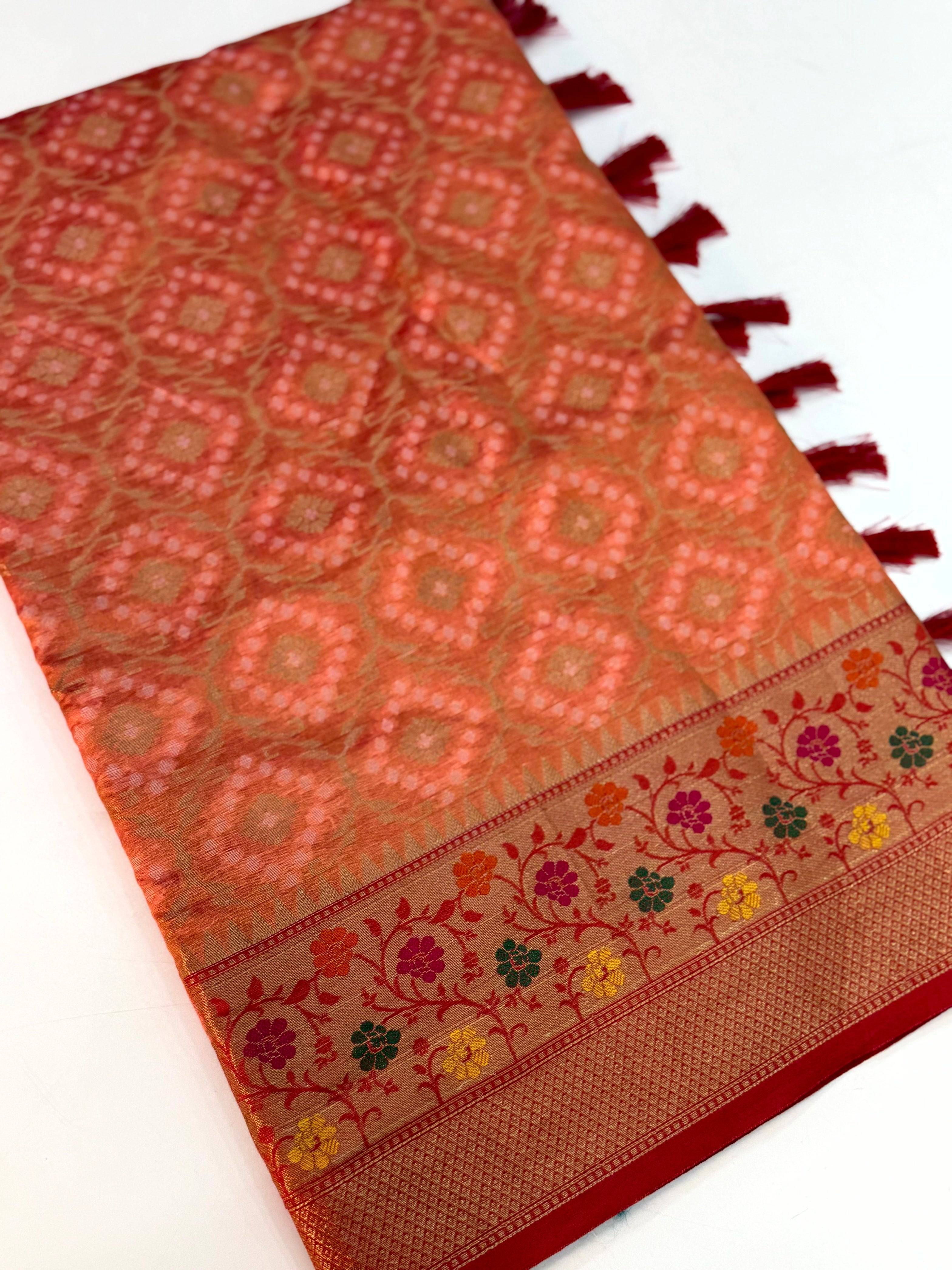 Peach Banarasi Minakari Katan Silk Saree