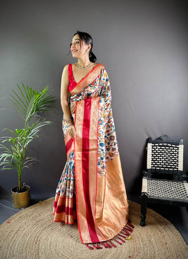 White Colour Soft Silk Kalamkari Saree