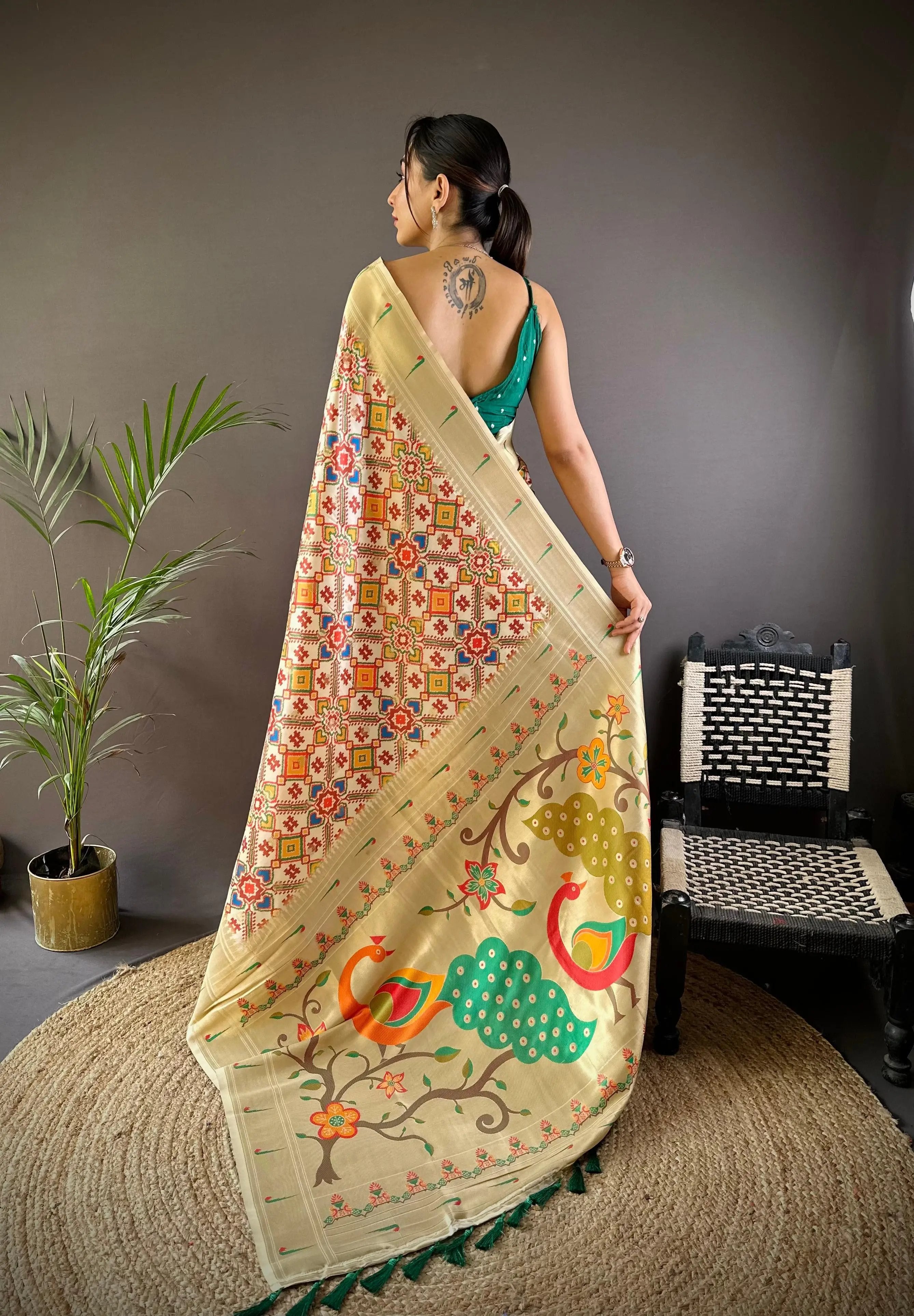 Back view of Patola Print Paithani Silk Saree with peacock motif