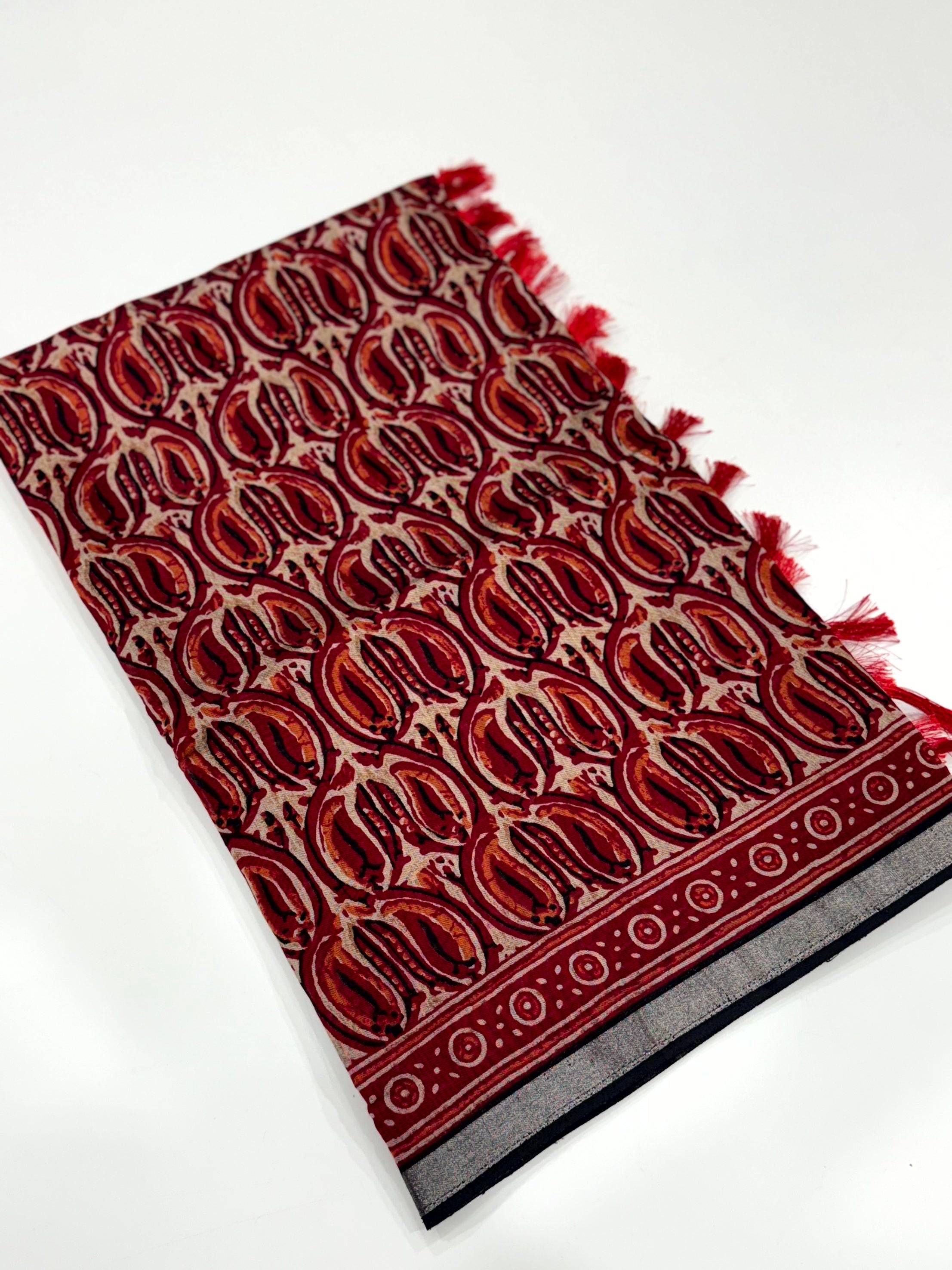 Red Ikkat Ajrakh Print Viscose Saree