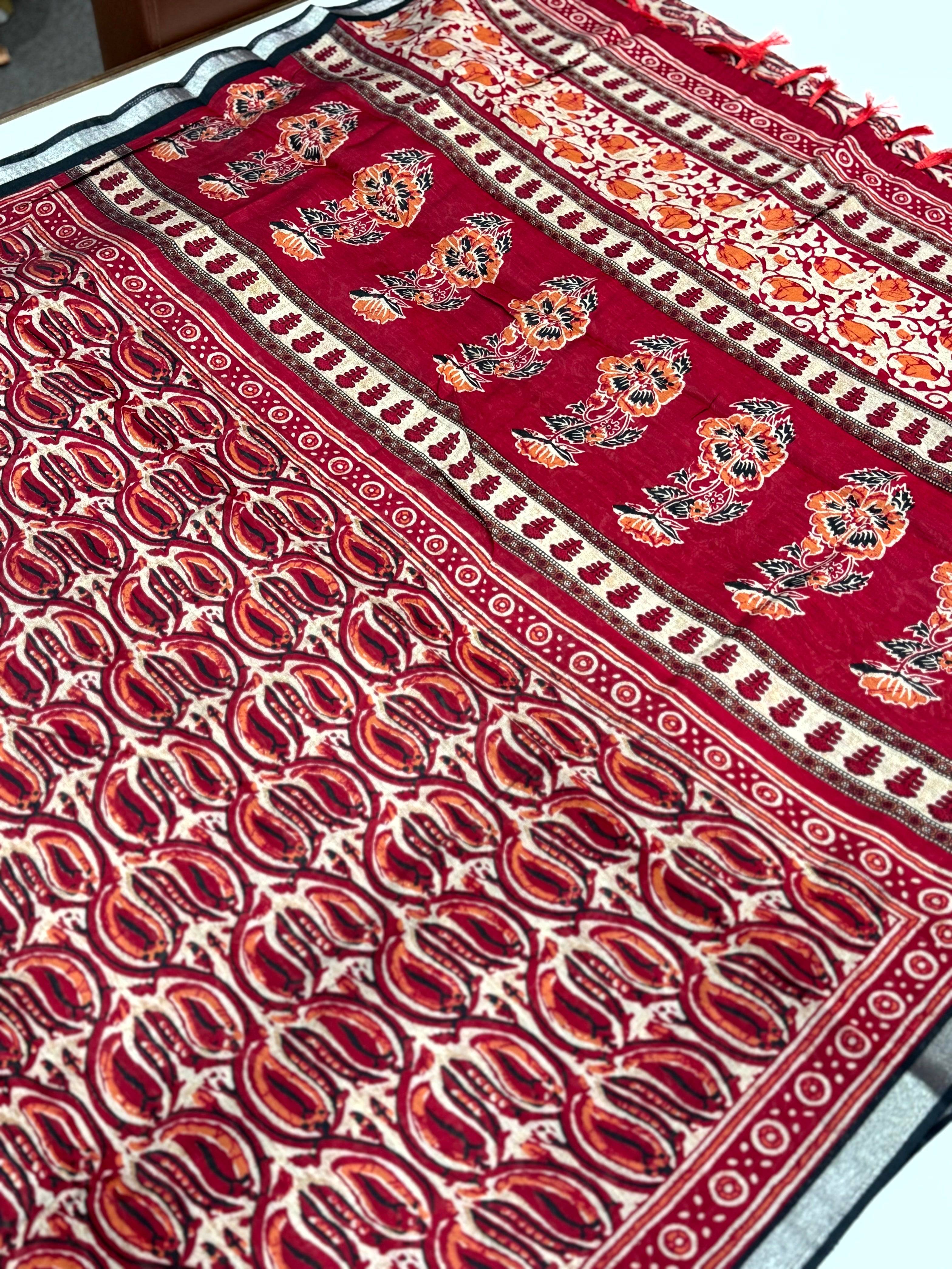 Red Ikkat Ajrakh Print Viscose Saree