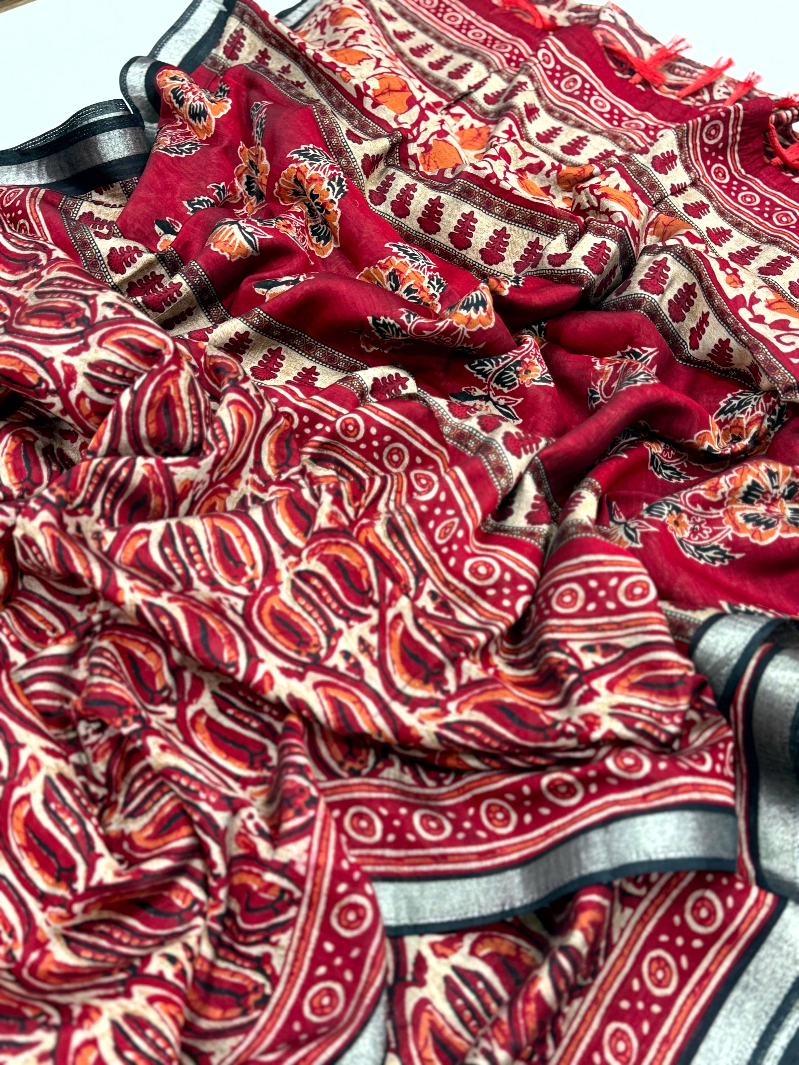 Red Ikkat Ajrakh Print Viscose Saree