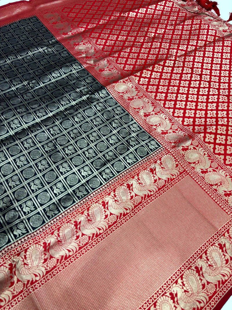 Black Silver Zari Butta Kanjivaram Silk Saree