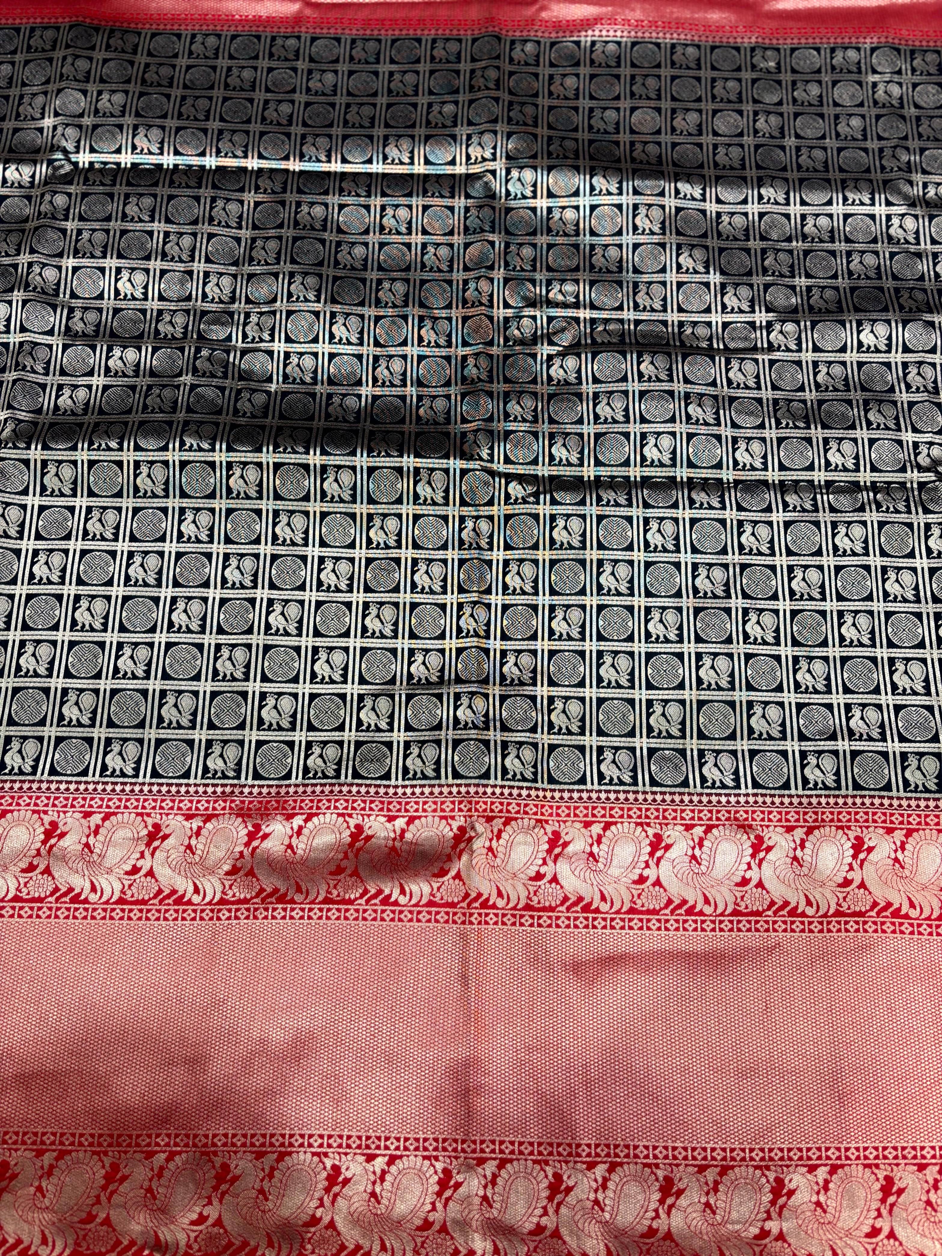 Black Silver Zari Butta Kanjivaram Silk Saree
