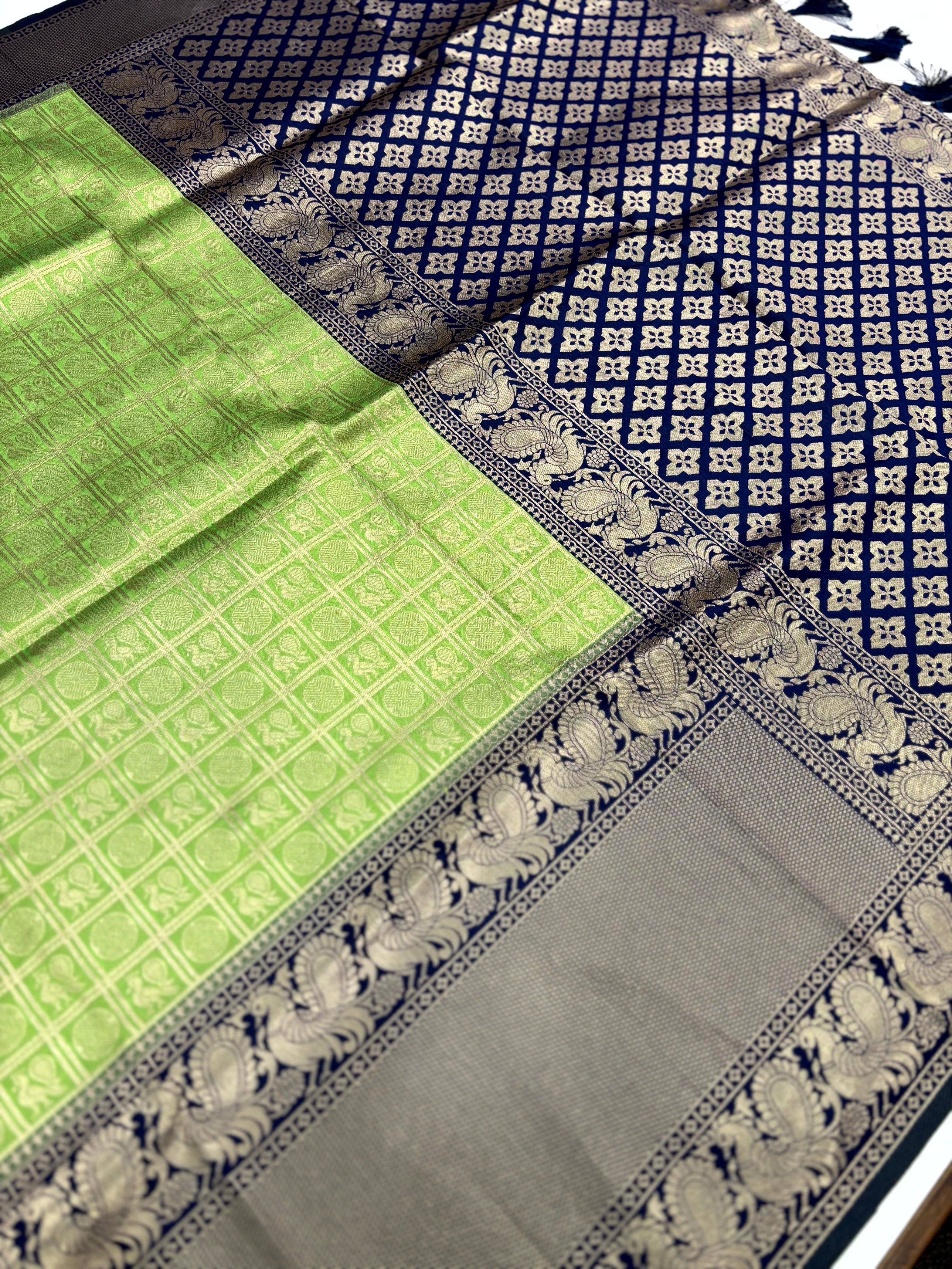Green Silver Zari Butta Kanjivaram Silk Saree