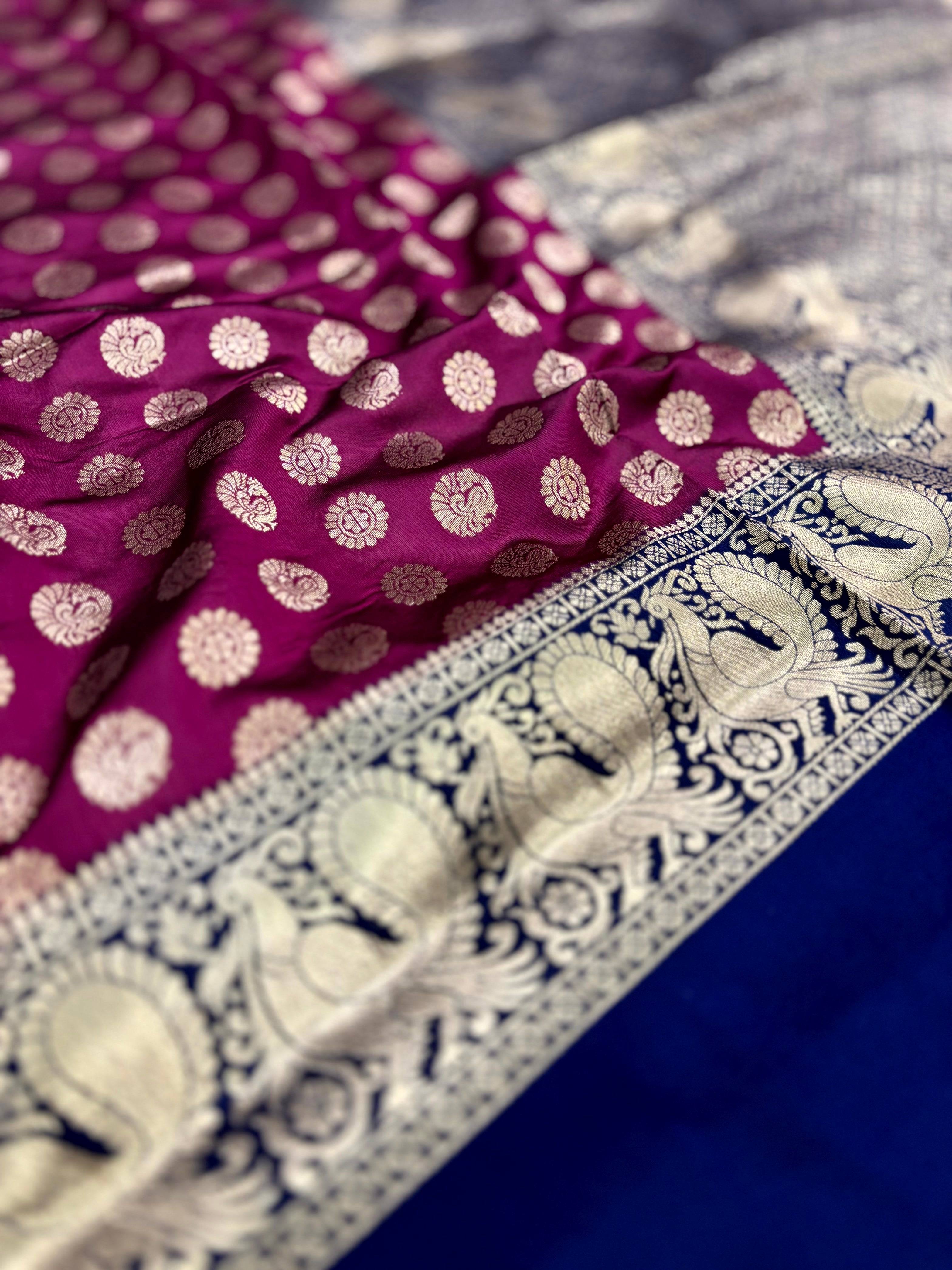 Dark Wine Banarasi Silver Buttas Zari Weaving Saree