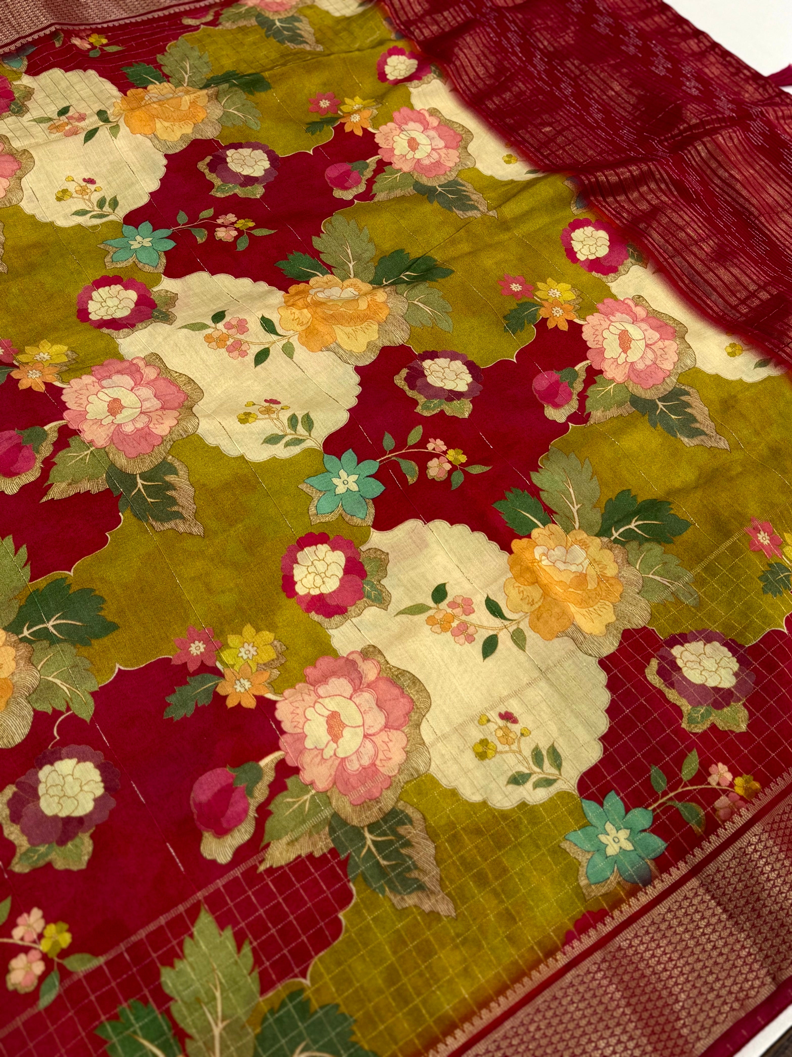 Maroon Cotton Viscose Floral Saree