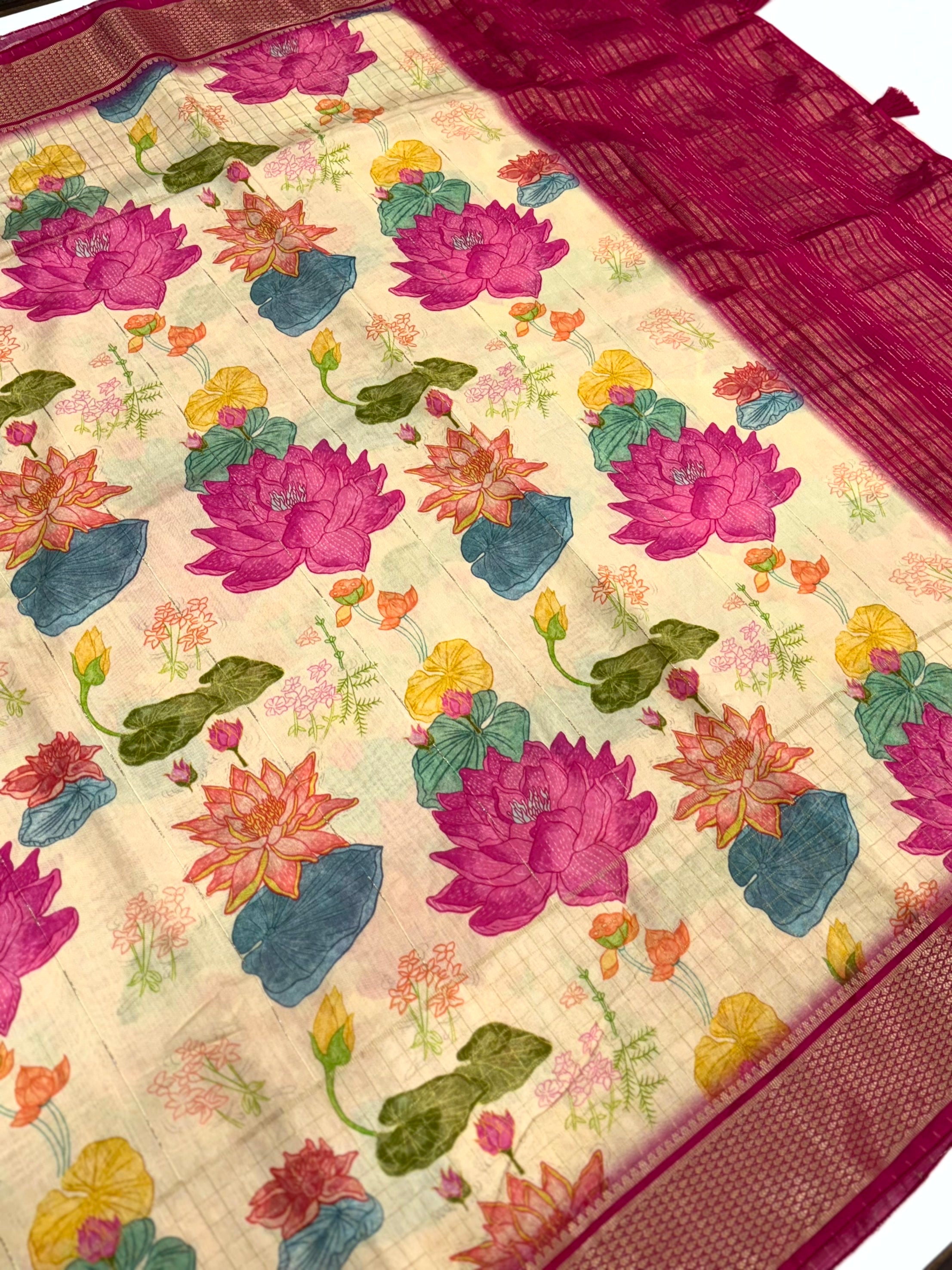 Cream Cotton Viscose Lotus Floral Print Saree