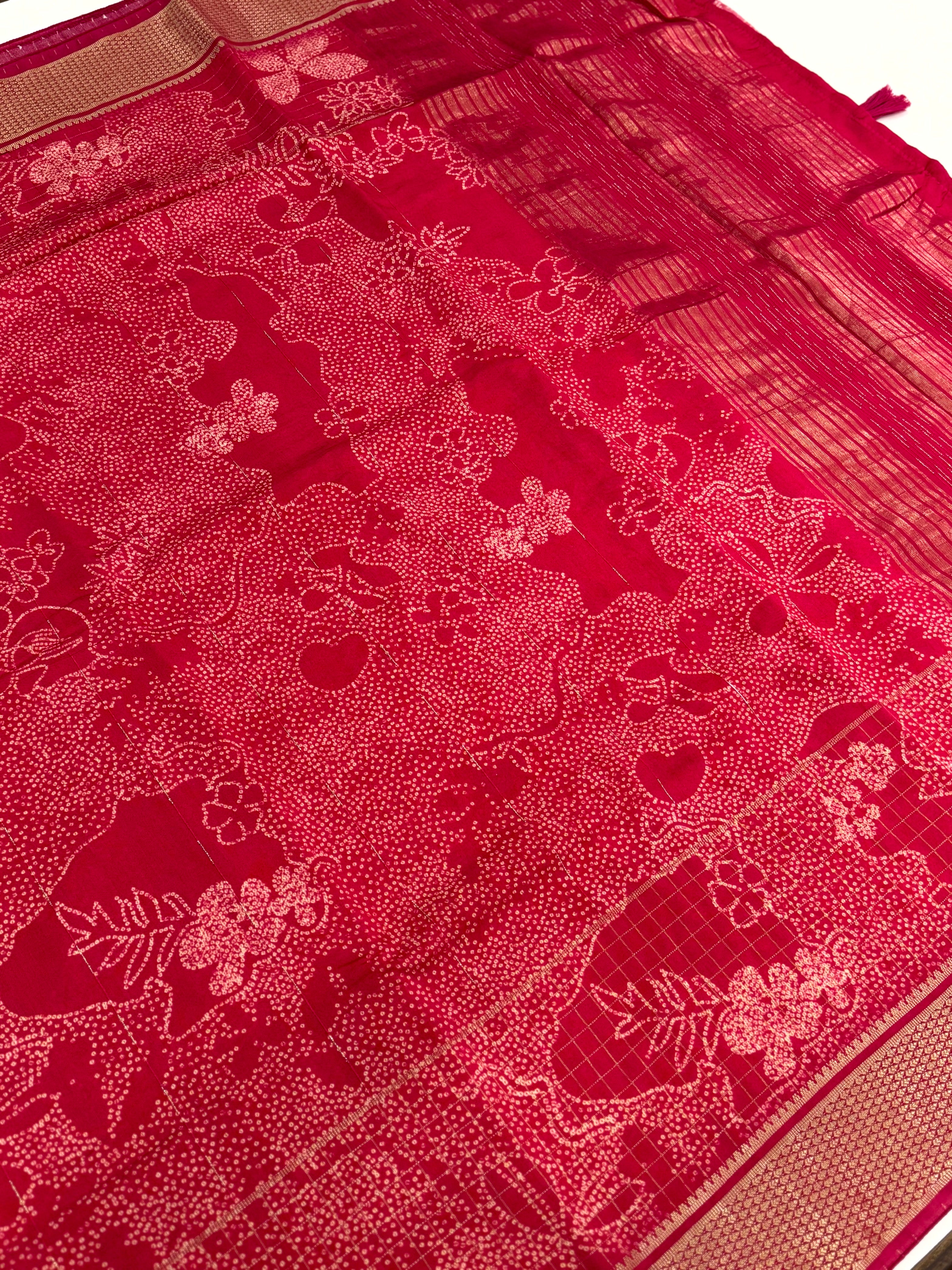 Rose Red Cotton Viscose Bandhej Saree