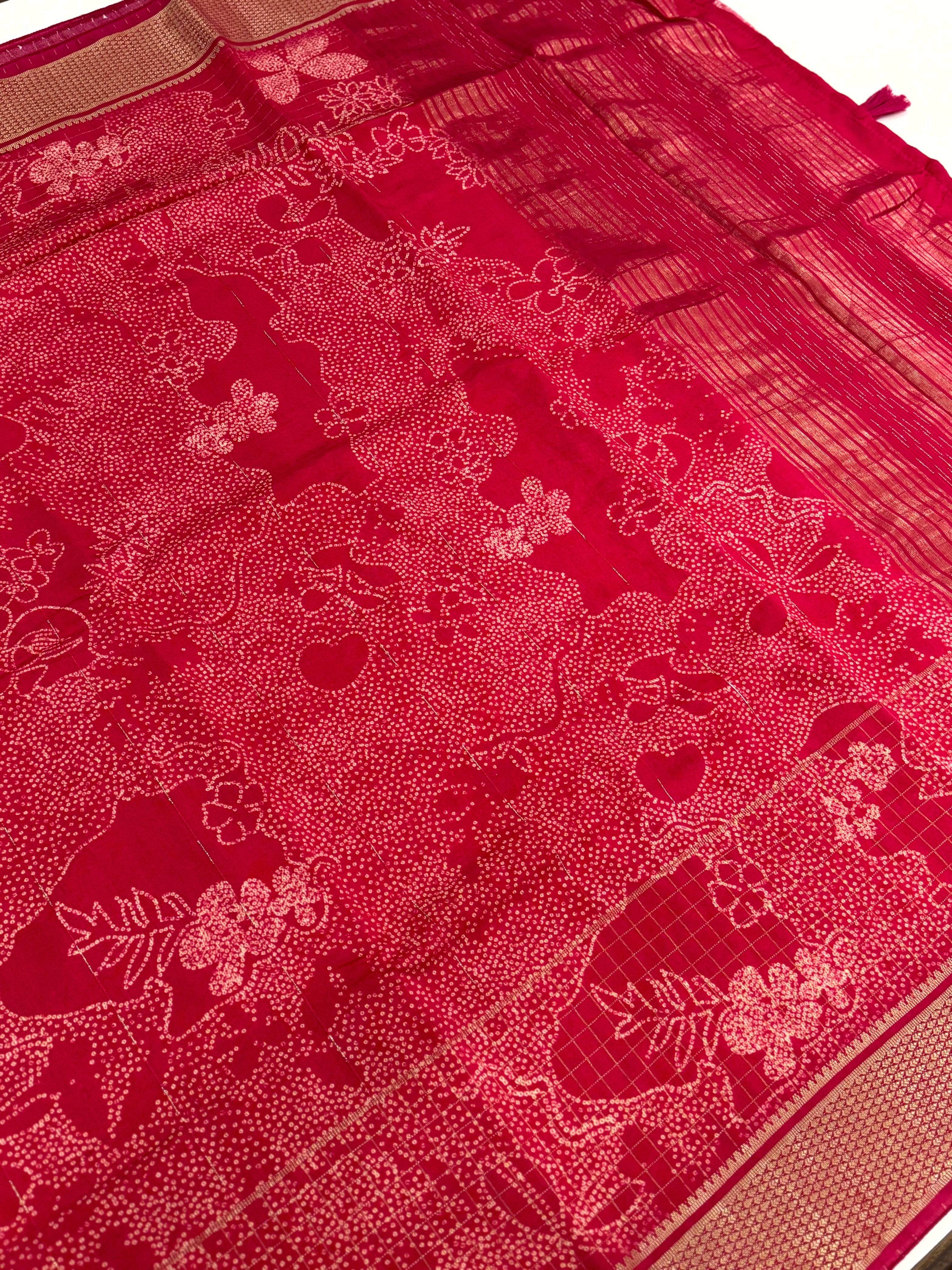 Rose Red Cotton Viscose Bandhej Saree