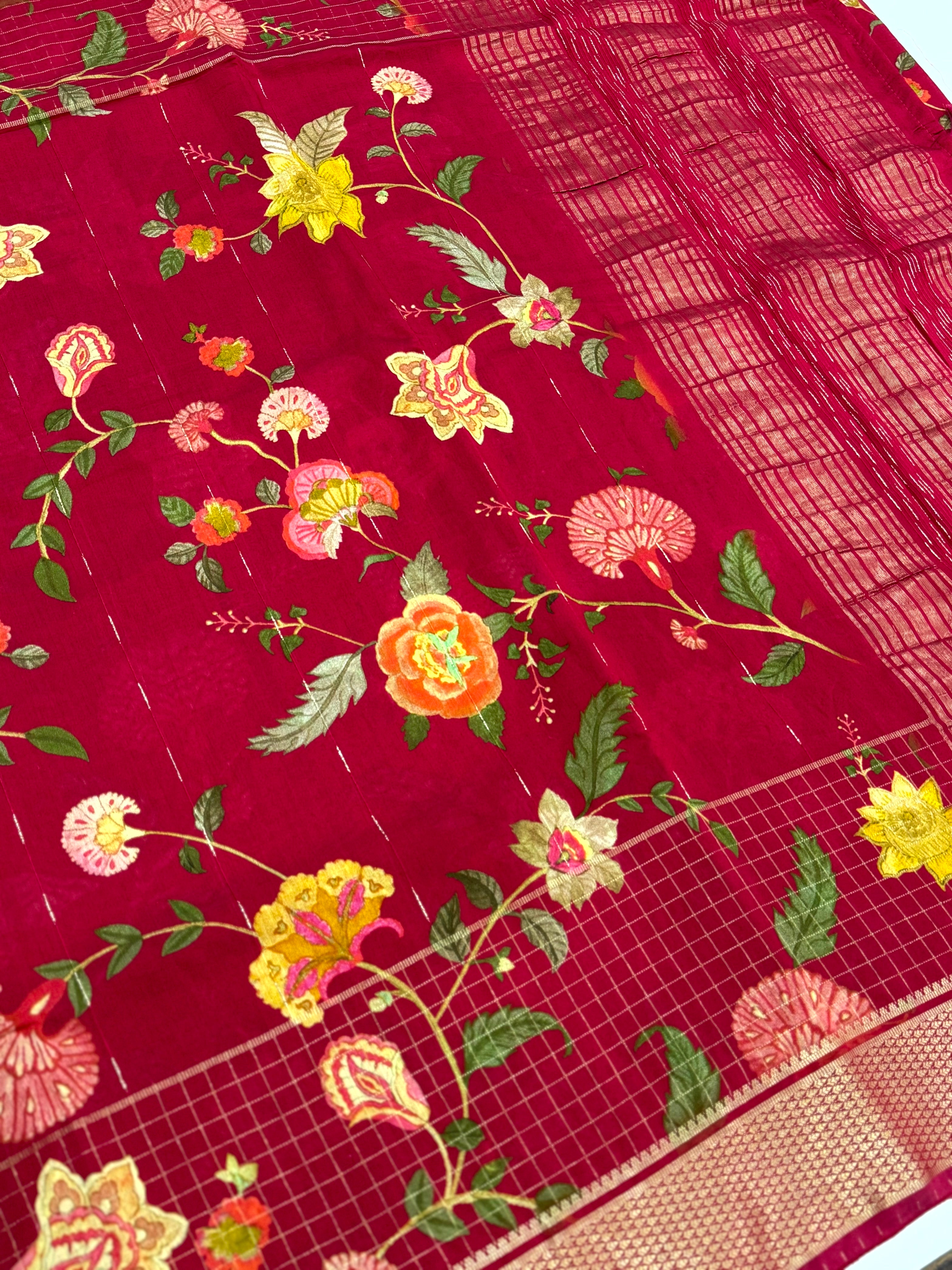 Deep Red Cotton Viscose Floral Vine Saree