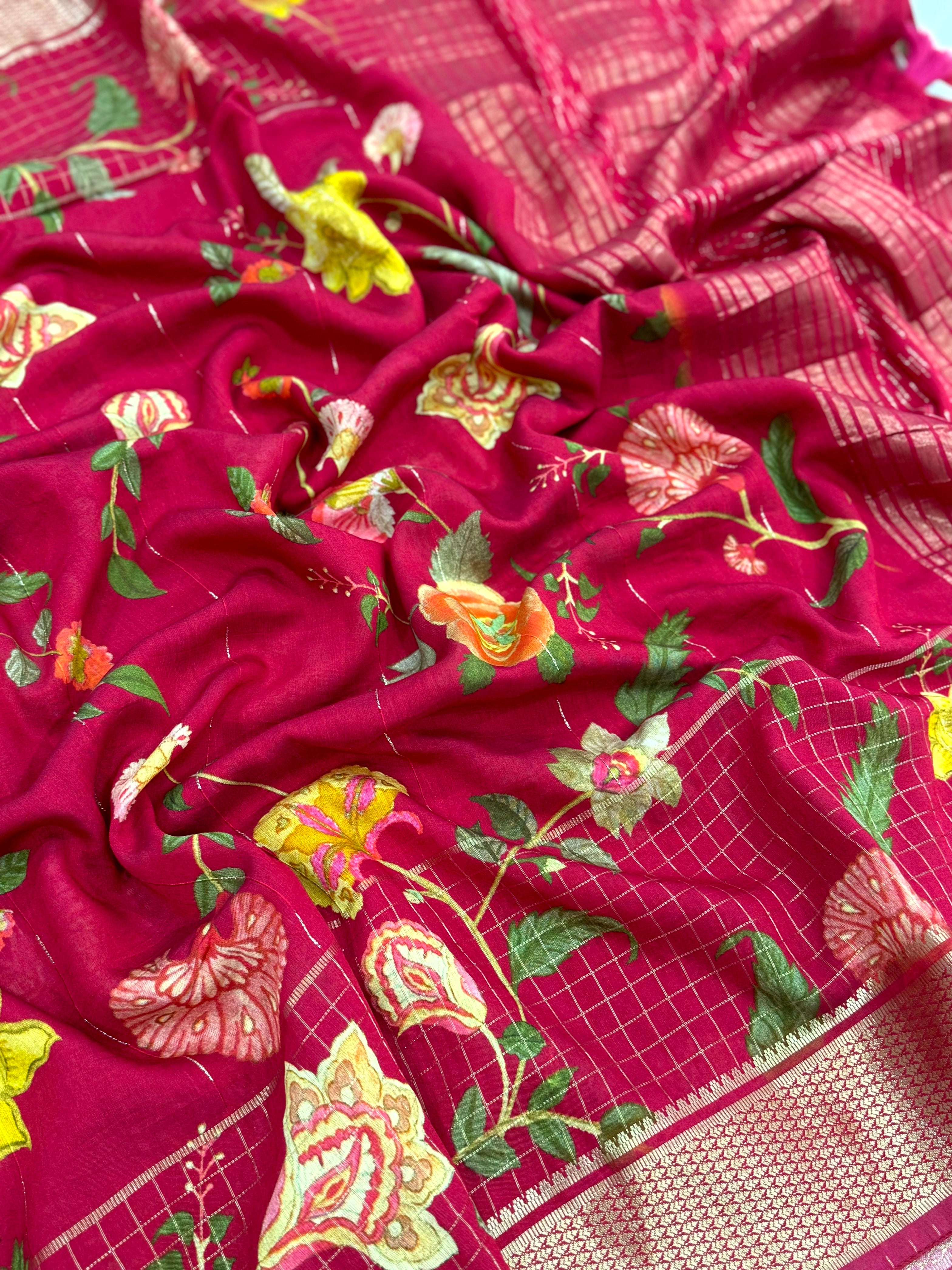Deep Red Cotton Viscose Floral Vine Saree