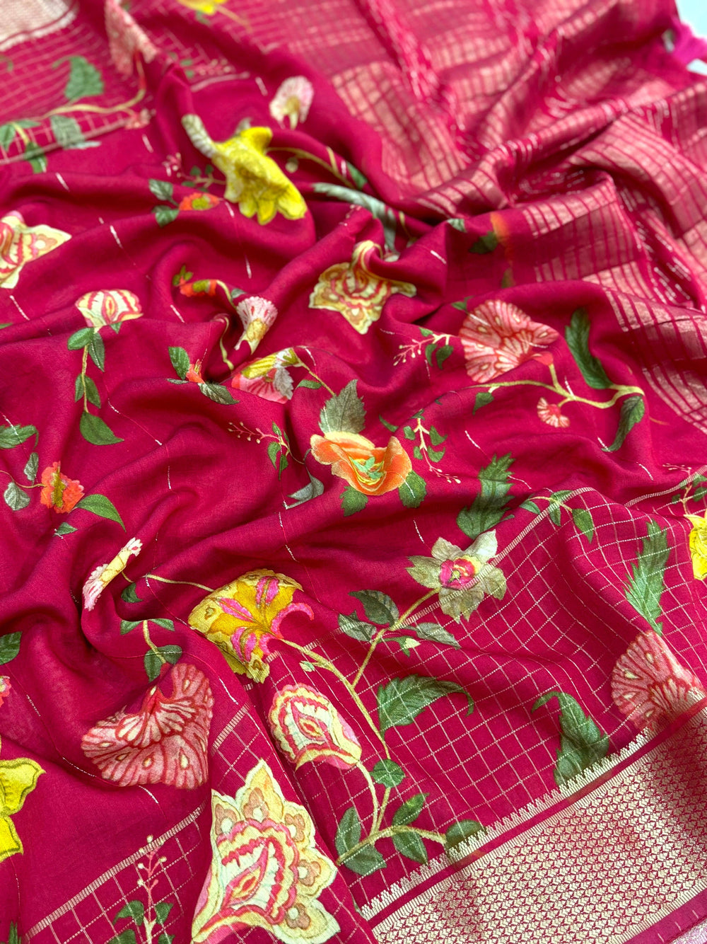 Deep Red Cotton Viscose Floral Vine Saree