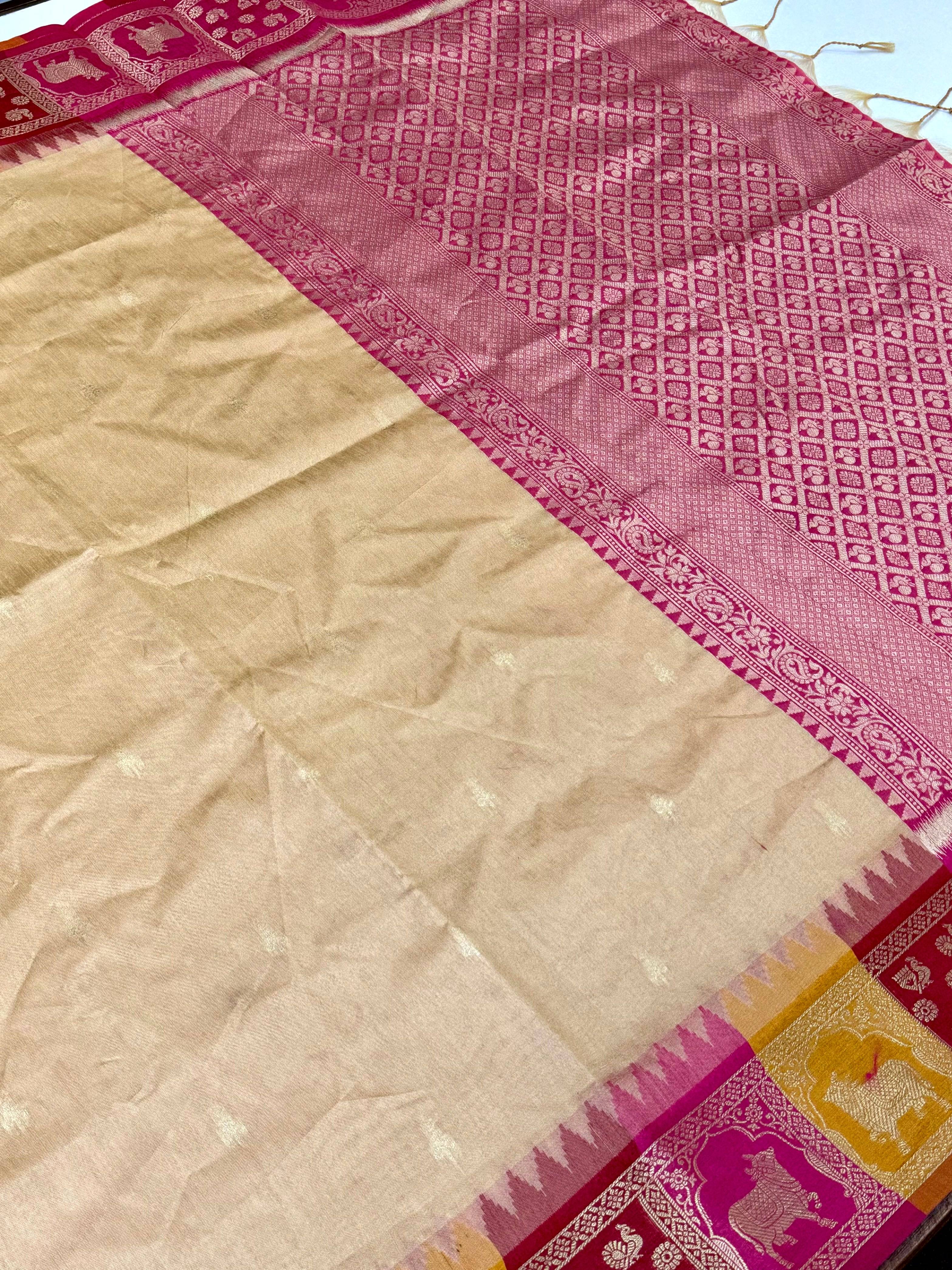 Cream Minakari Kanchi Pattu Raw Silk Saree
