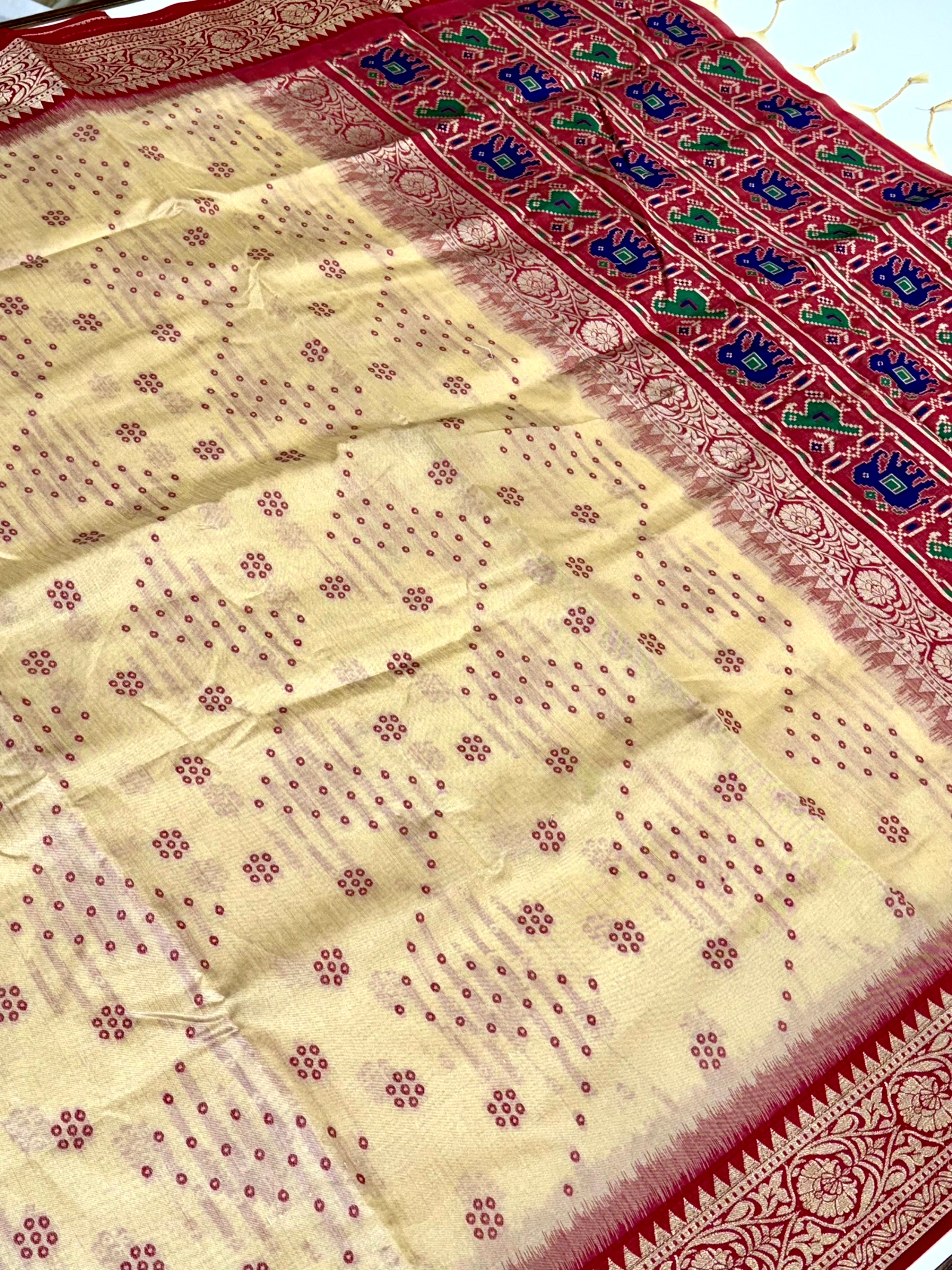 Cream Bandhej Pochampally Raw Silk Saree