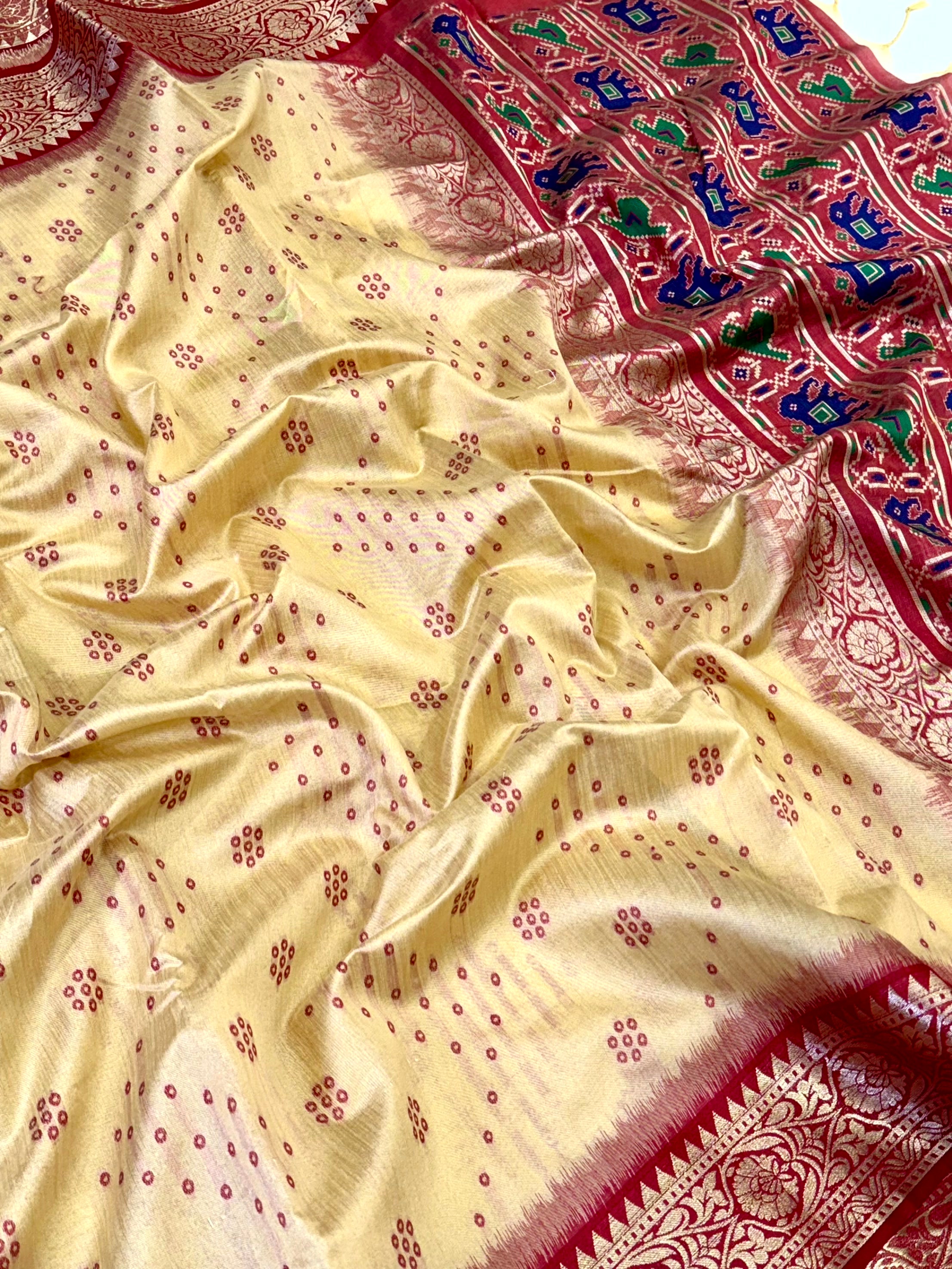 Cream Bandhej Pochampally Raw Silk Saree