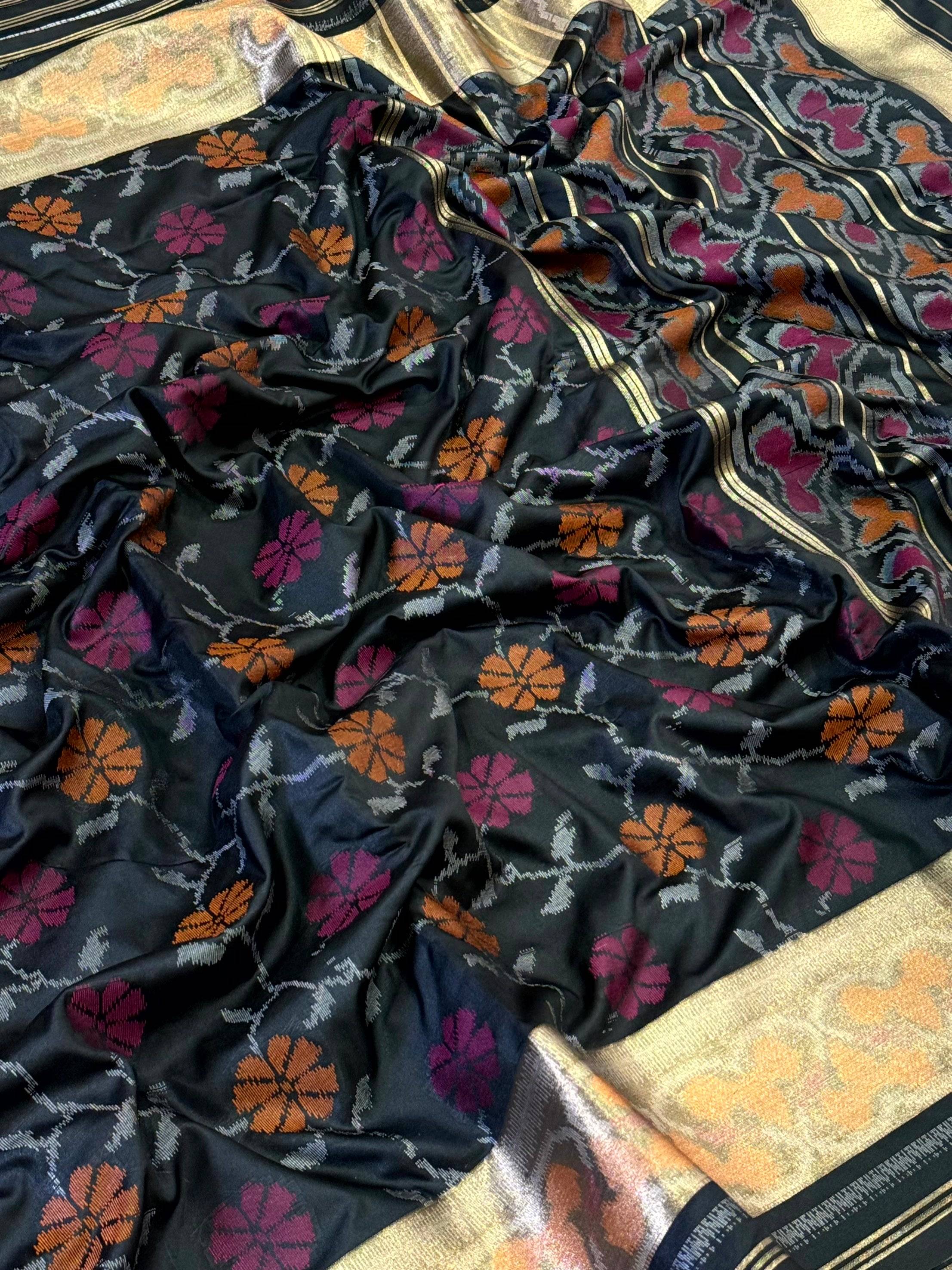 Black Pochampally Double Ikkat Saree