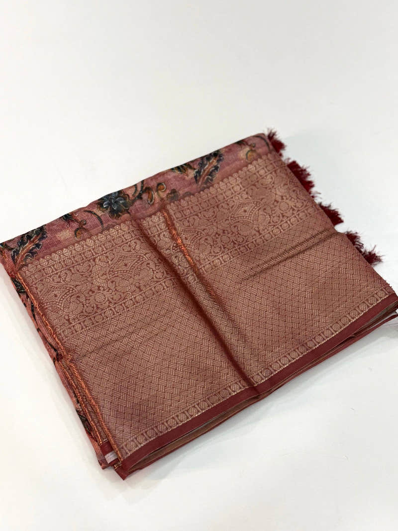 Dusty Rose Kota Doriya Kalamkari Print Saree Copper Zari Border