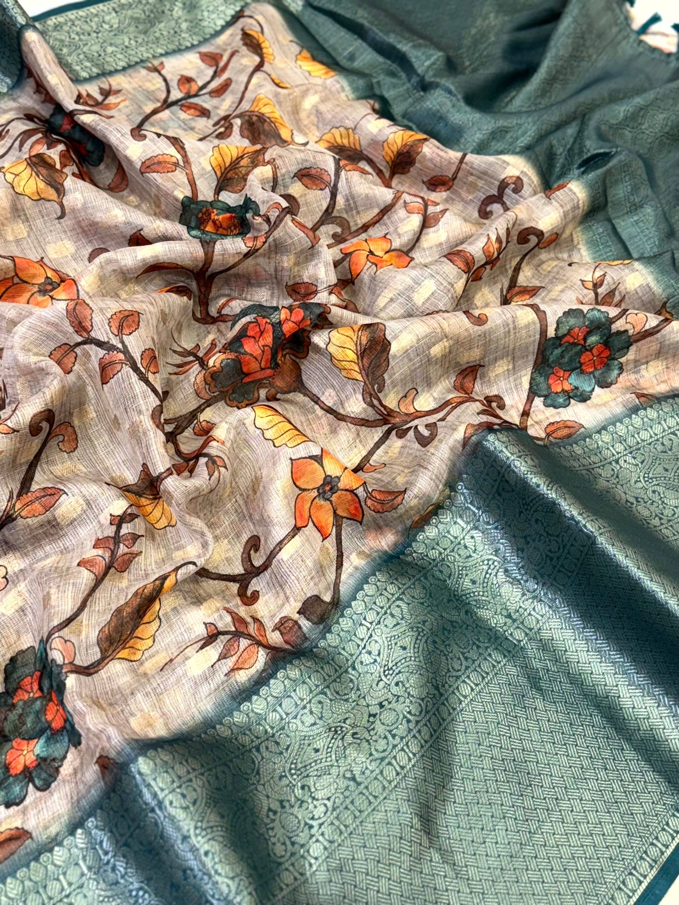 Bloom Kota Doriya Kalamkari Printed Saree