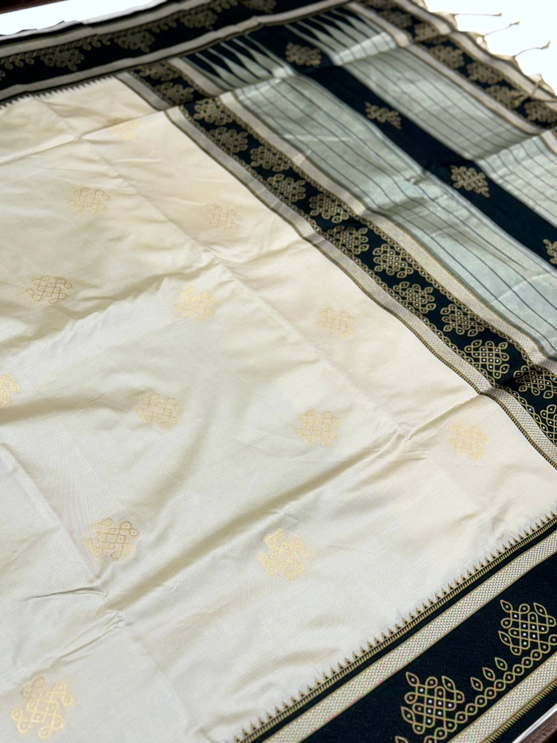Cream Soft Silk Ikkat Kolam Saree