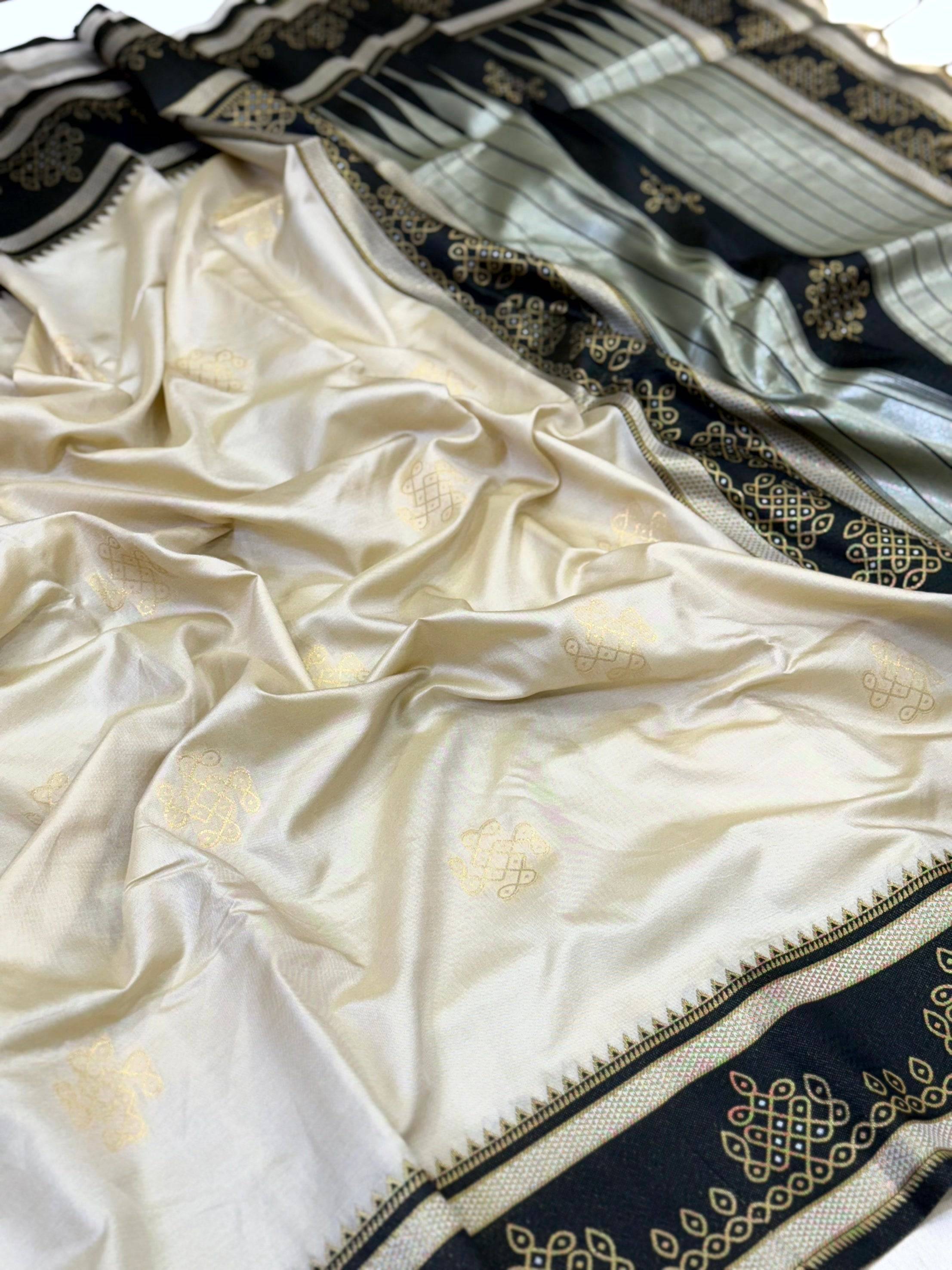 Cream Soft Silk Ikkat Kolam Saree